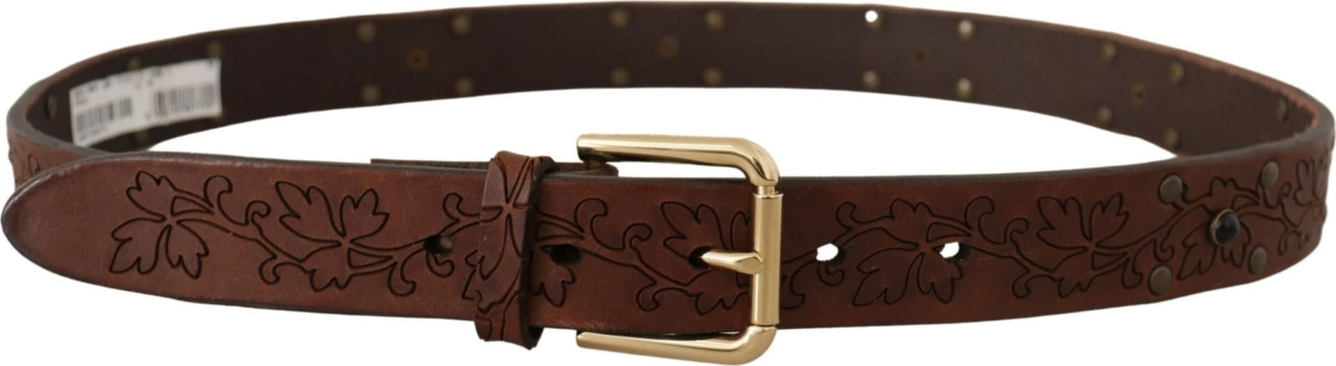 Dolce & Gabbana Brown Leather Floral Studded Metal Buckle Belt - 2