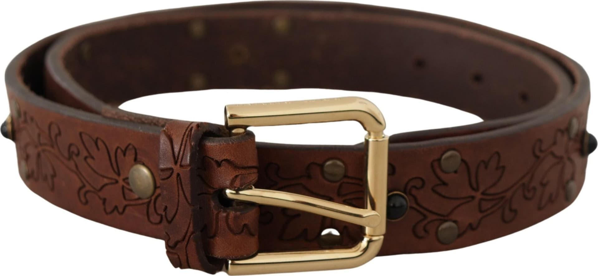 Dolce & Gabbana Brown Leather Floral Studded Metal Buckle Belt - 3