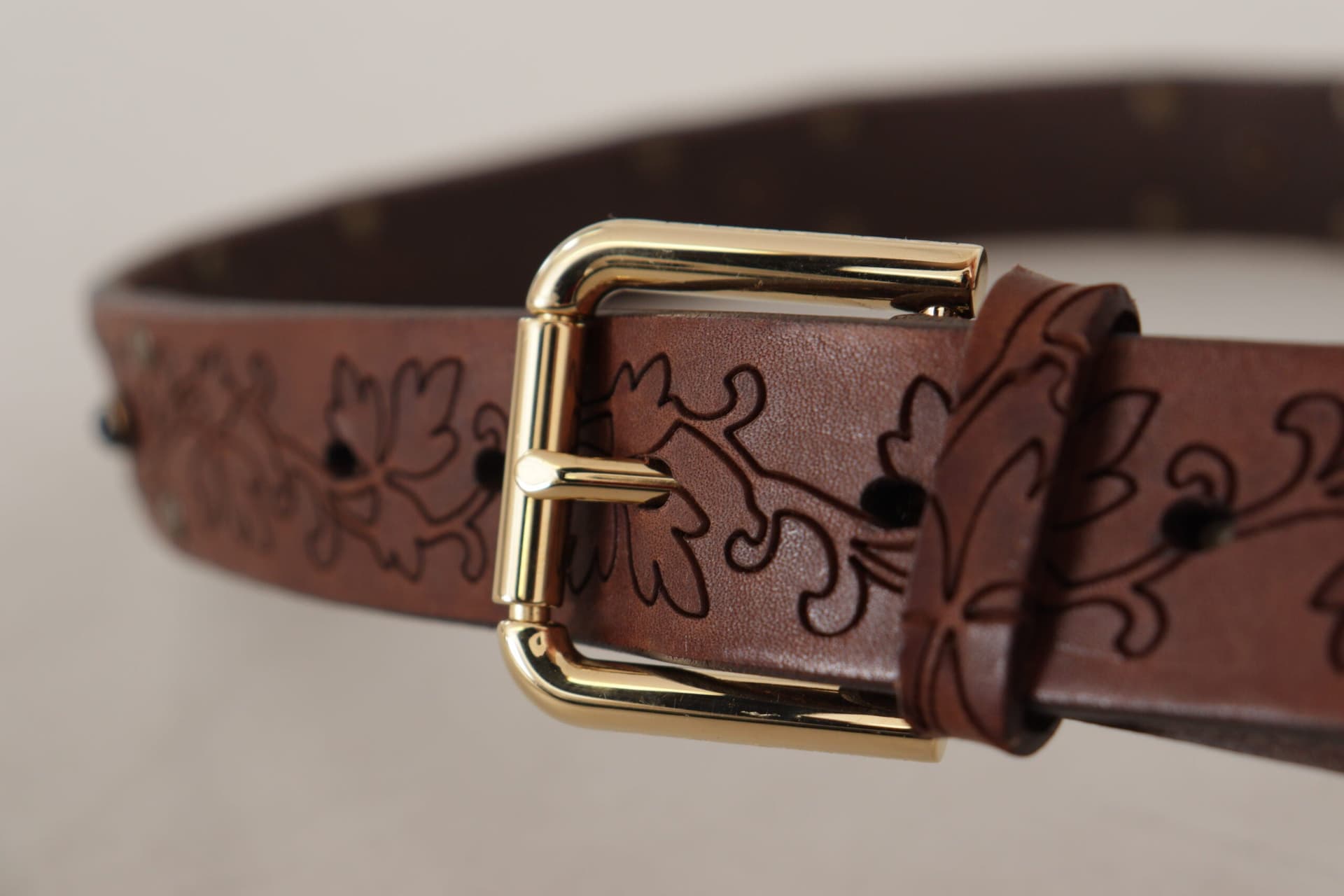 Dolce & Gabbana Brown Leather Floral Studded Metal Buckle Belt - 4