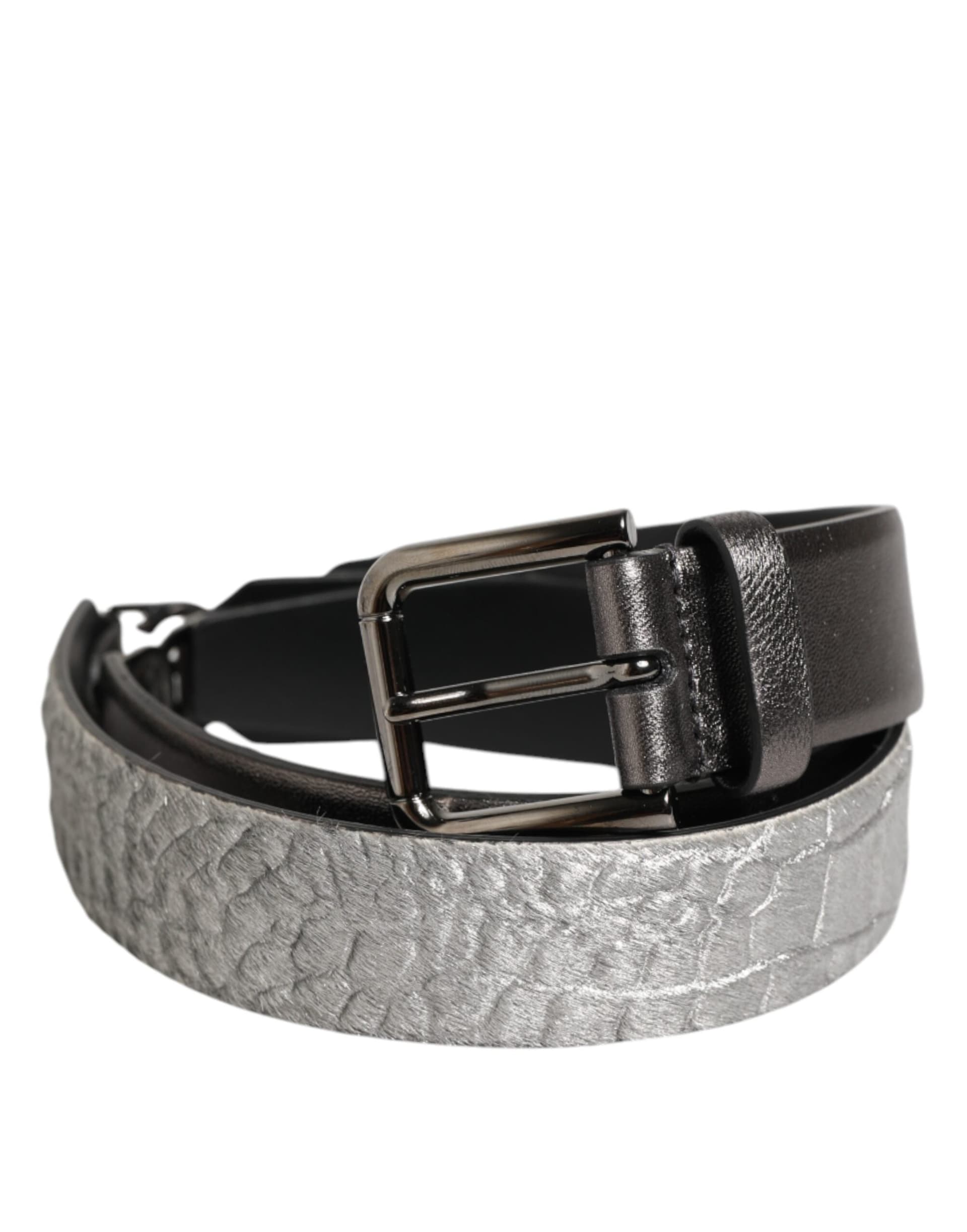 Dolce & Gabbana Black Silver Pebbled Texture Leather Buckle Men Belt - 2