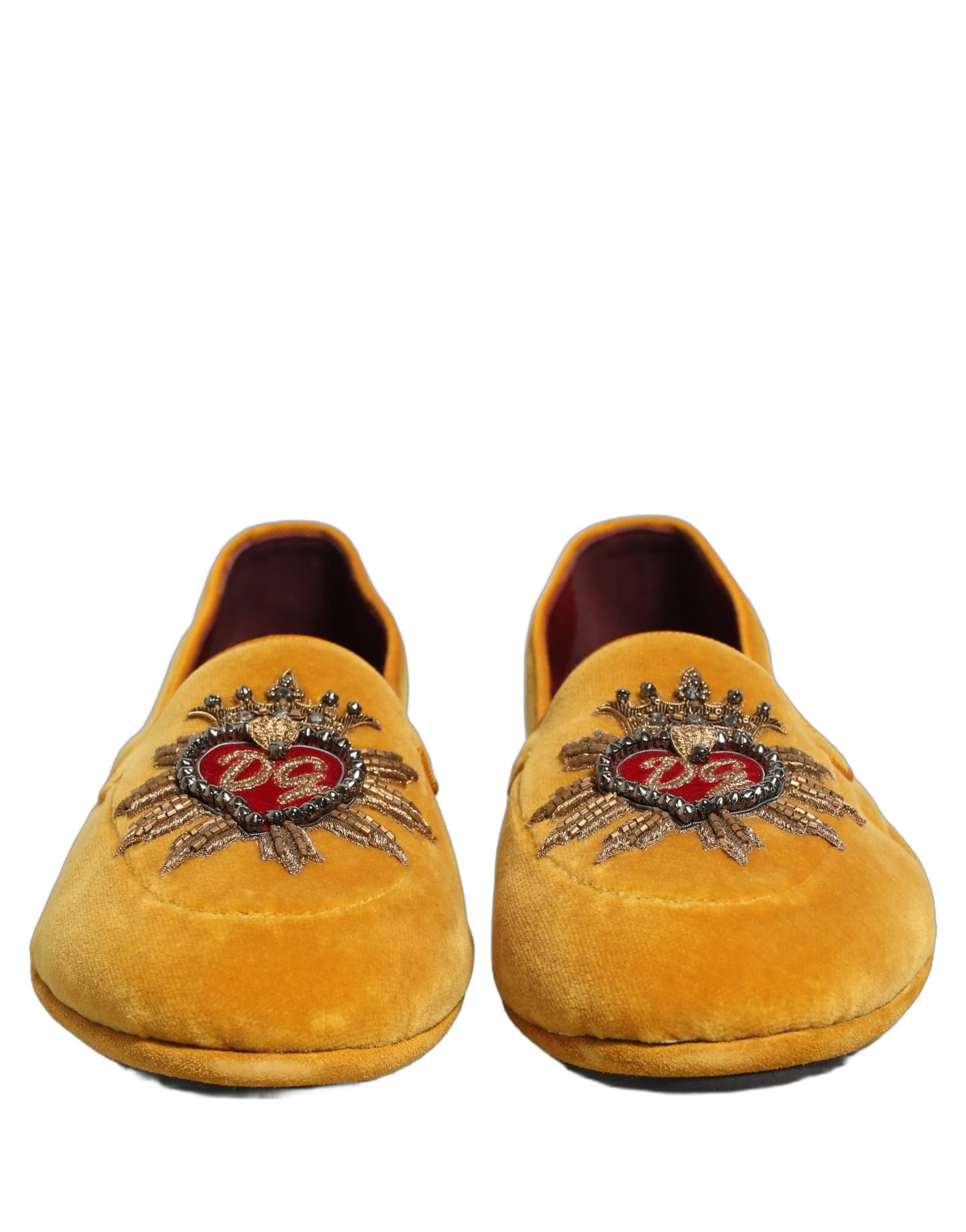 Dolce & Gabbana Yellow Velvet DG Heart Loafers Flats Shoes - 3