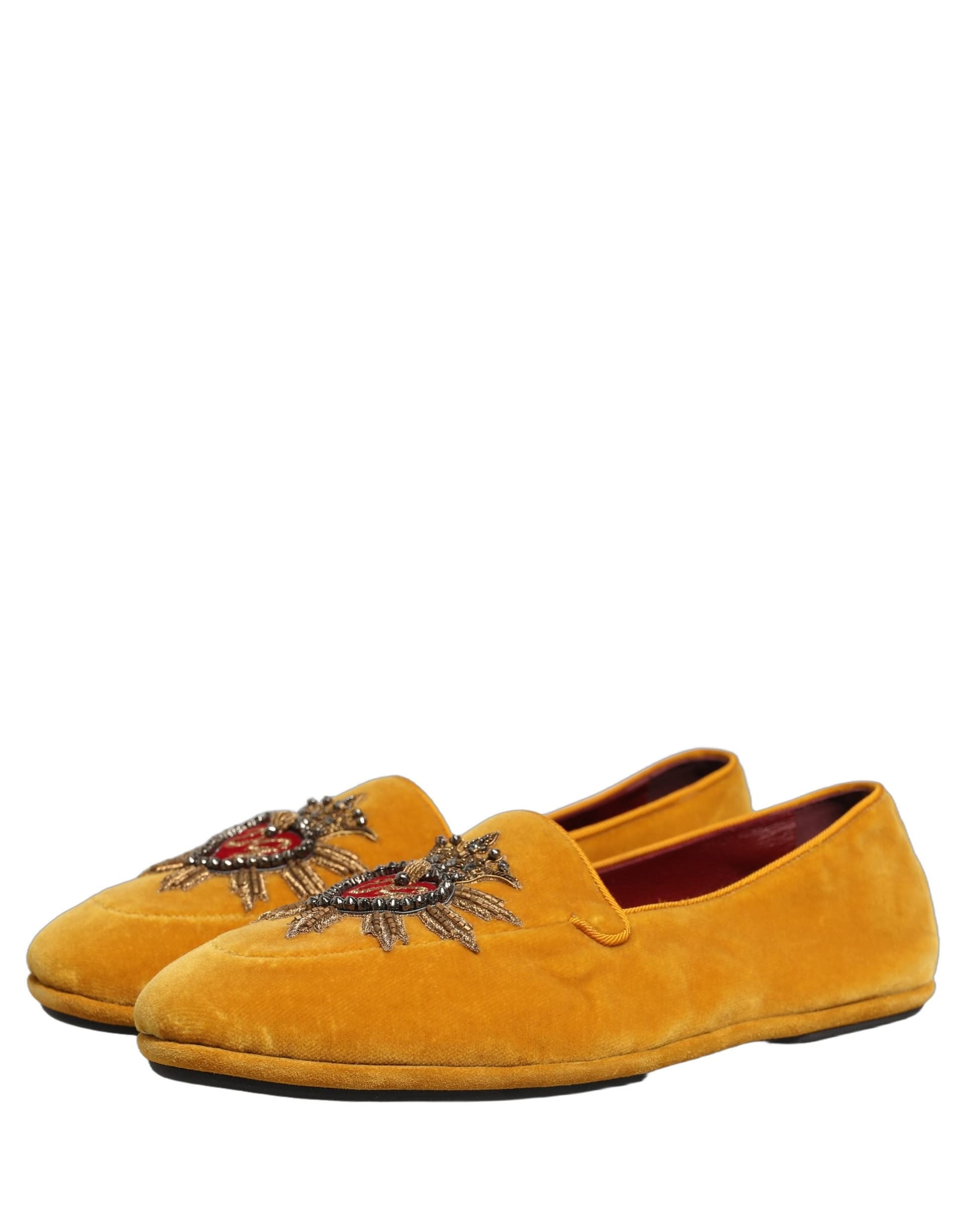 Dolce & Gabbana Yellow Velvet DG Heart Loafers Flats Shoes - 5