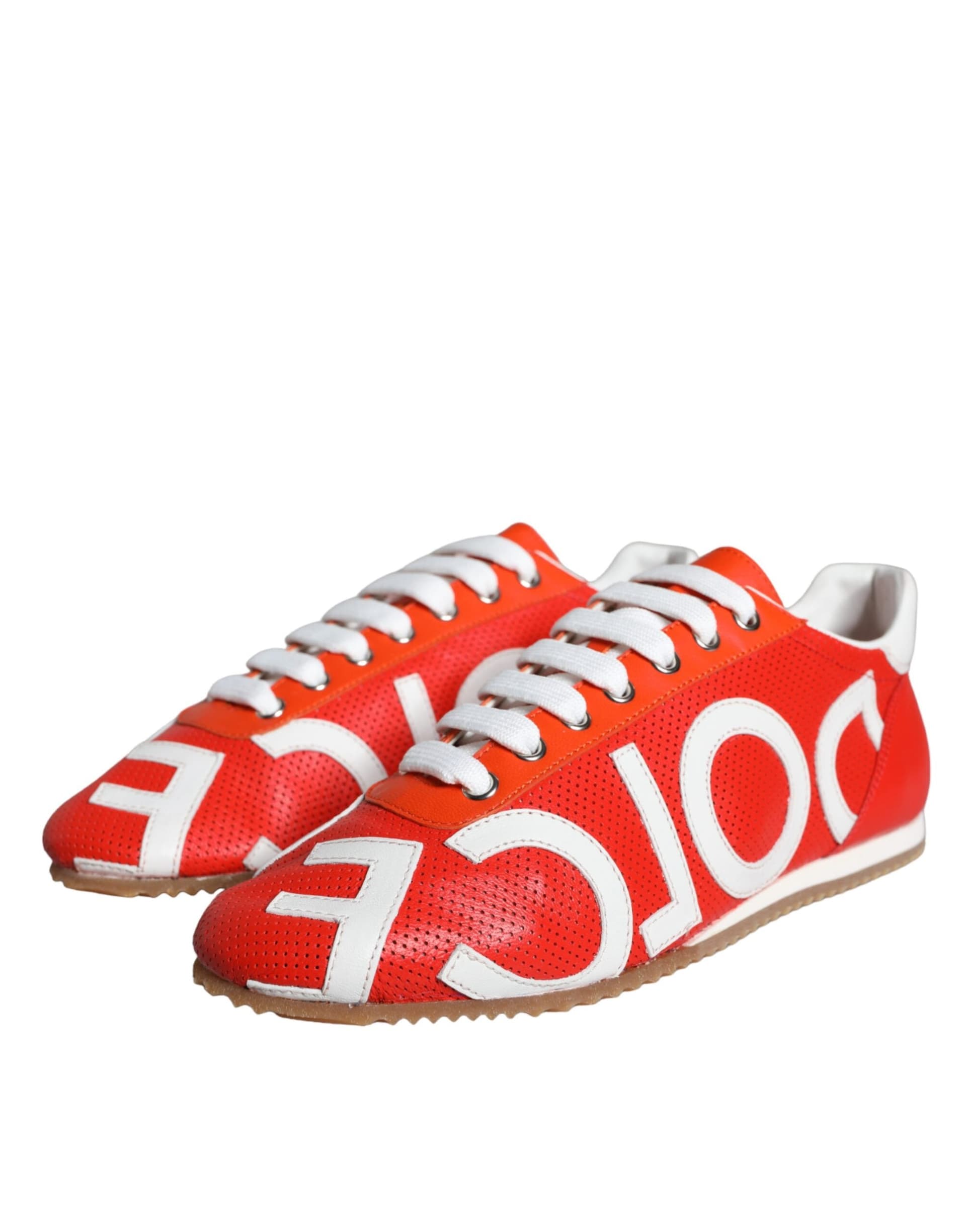 Dolce & Gabbana Red White Leather Logo Casual Sneakers Shoes - 2