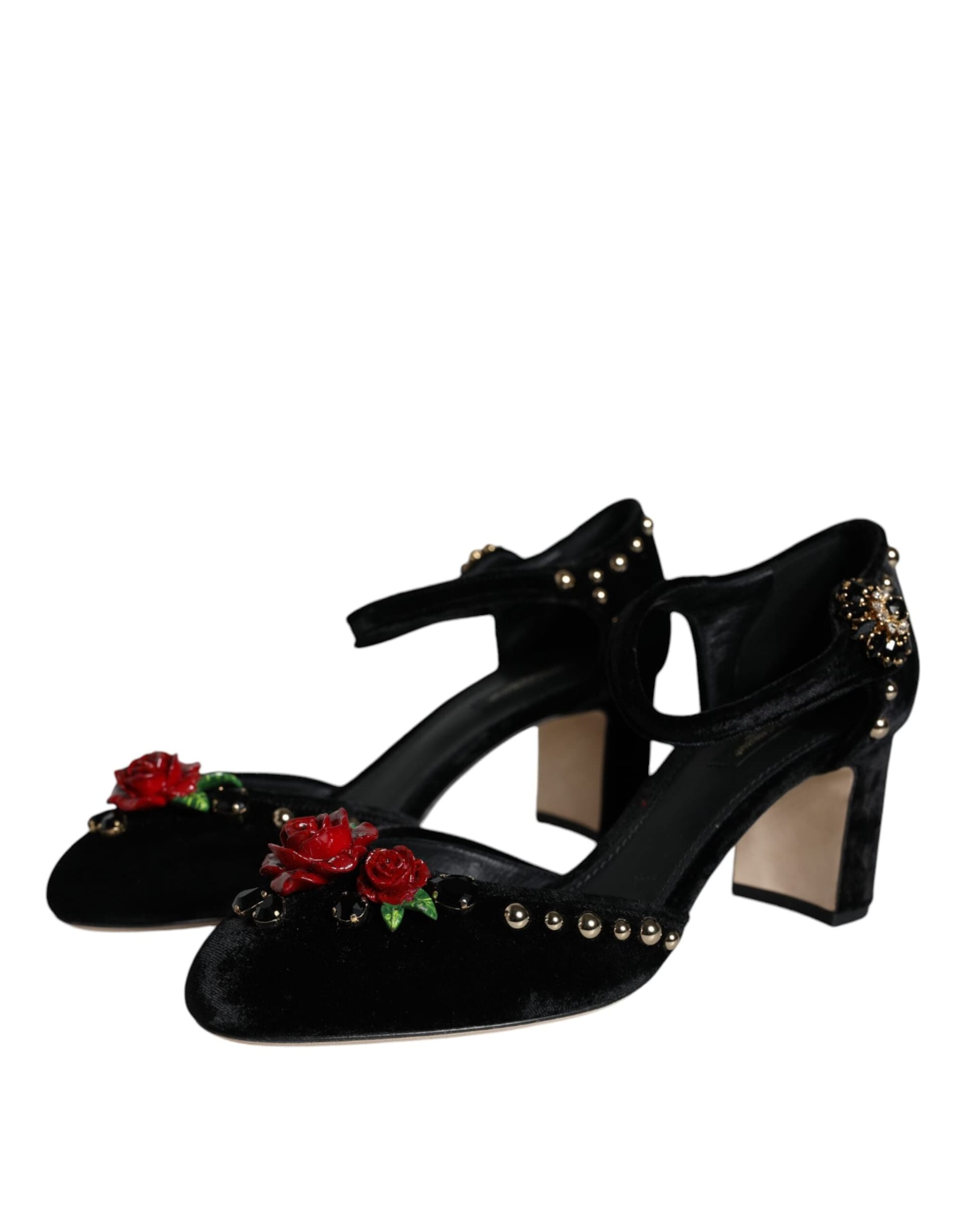Dolce & Gabbana Black Velvet Roses Ankle Strap Pumps Shoes - 2