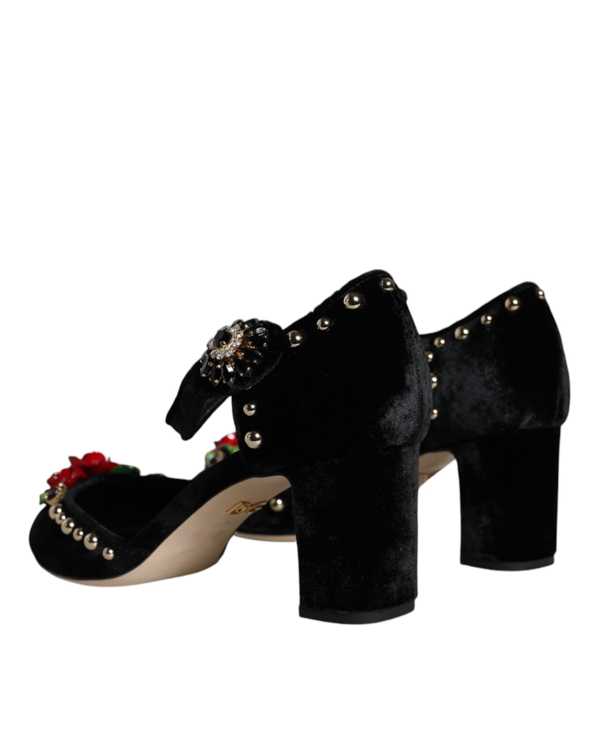 Dolce & Gabbana Black Velvet Roses Ankle Strap Pumps Shoes - 3