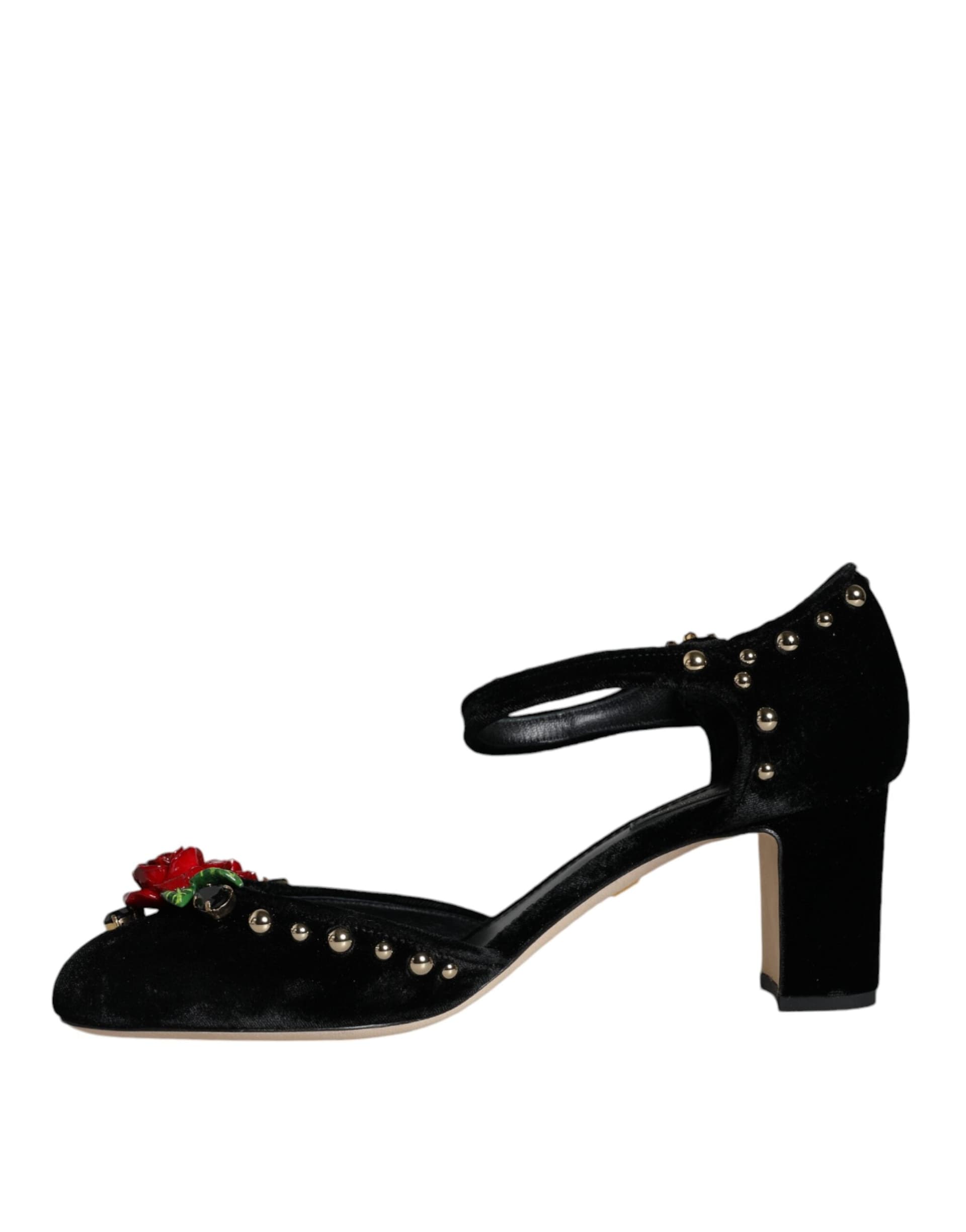 Dolce & Gabbana Black Velvet Roses Ankle Strap Pumps Shoes - 4
