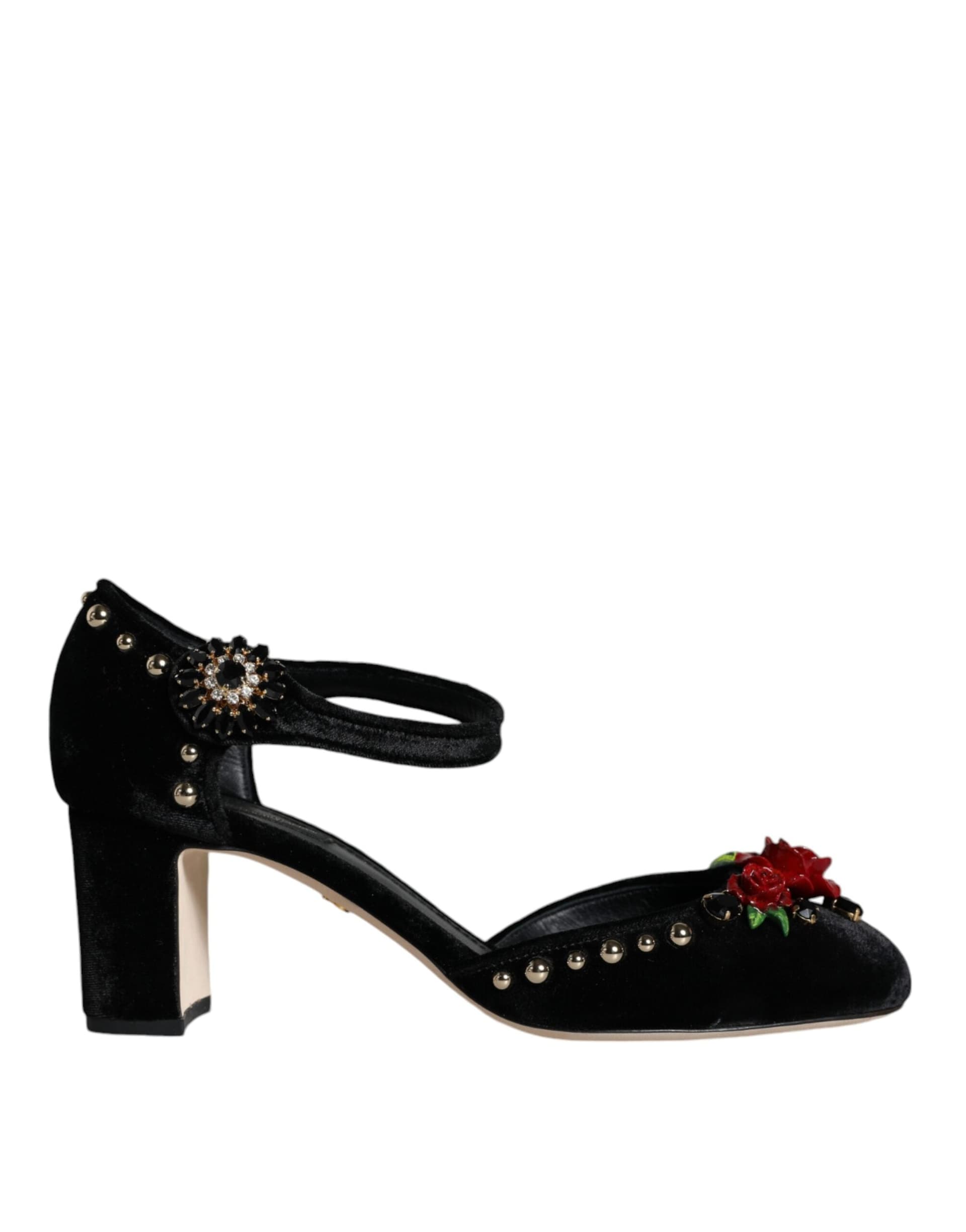 Dolce & Gabbana Black Velvet Roses Ankle Strap Pumps Shoes - 7