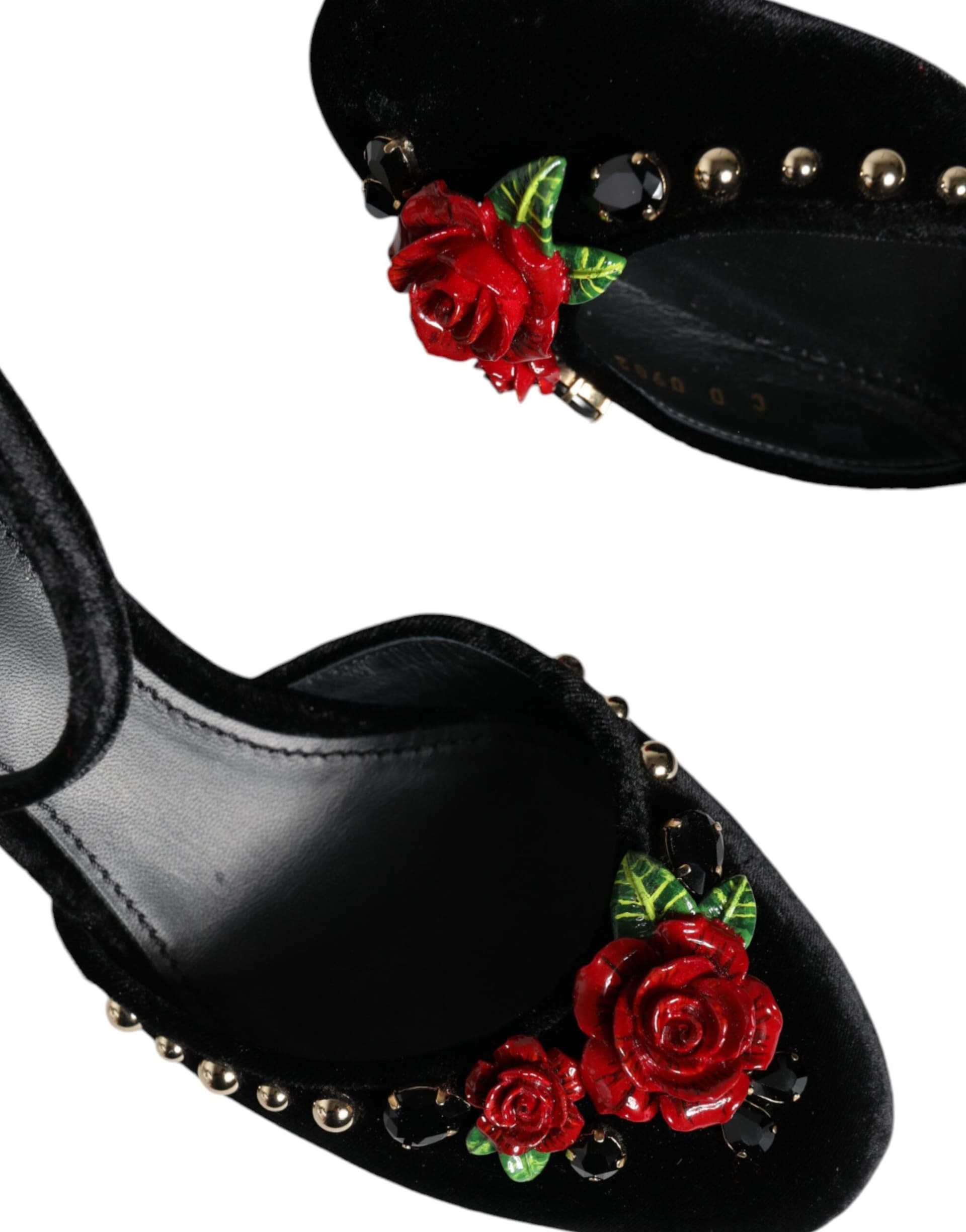 Dolce & Gabbana Black Velvet Roses Ankle Strap Pumps Shoes - 8