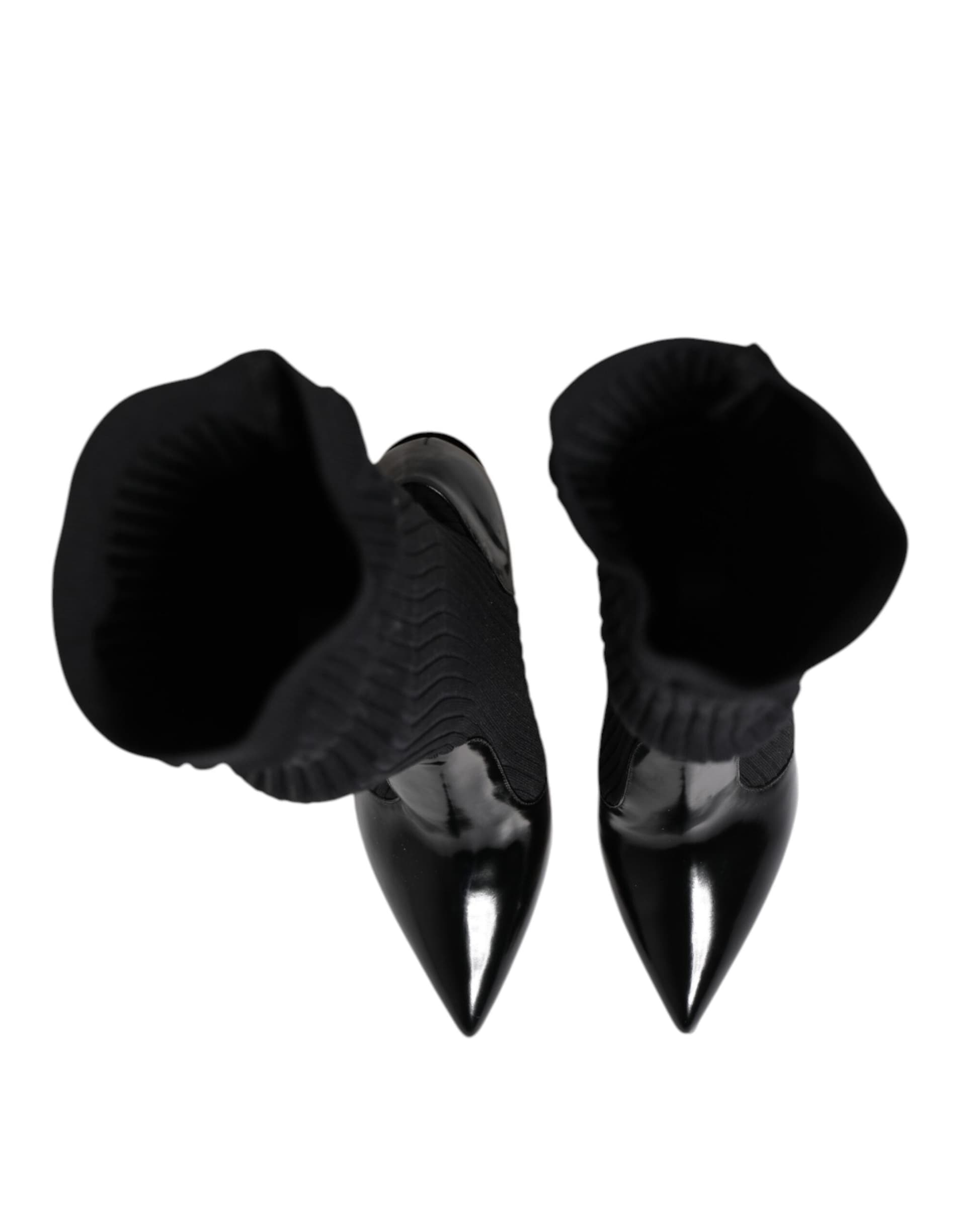 Dolce & Gabbana Black Leather Ribbed Knit Knee Boots Shoes - 2