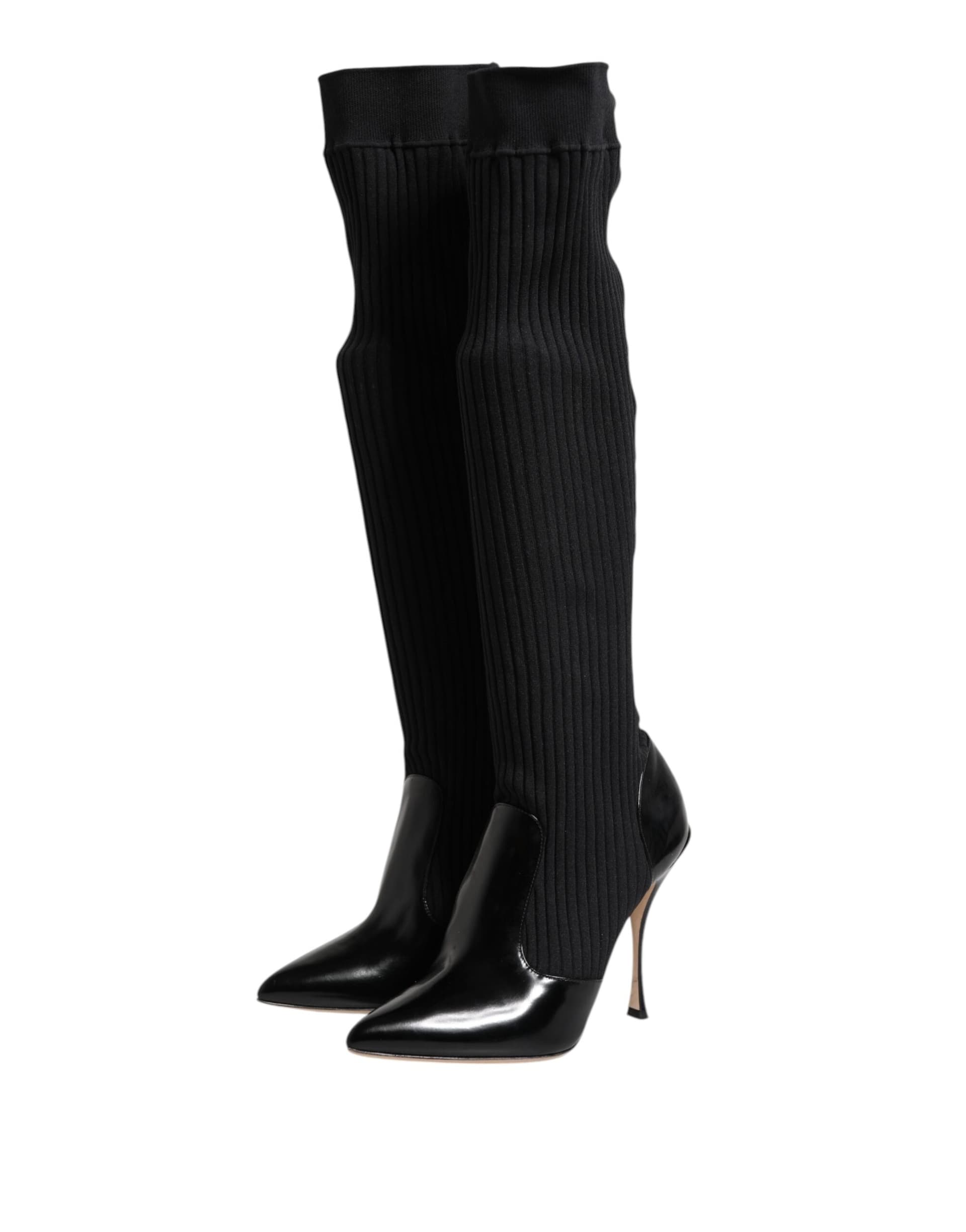 Dolce & Gabbana Black Leather Ribbed Knit Knee Boots Shoes - 3