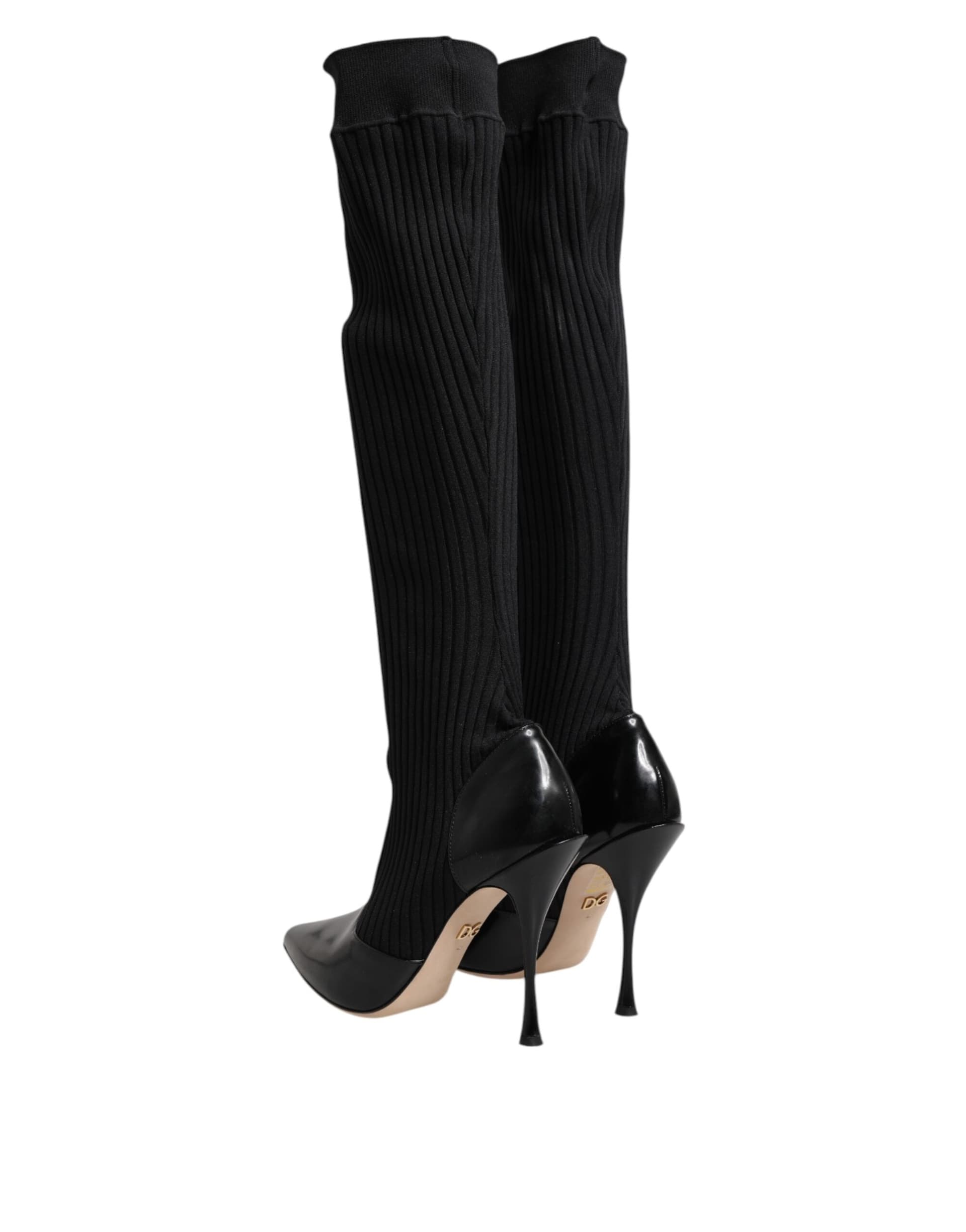 Dolce & Gabbana Black Leather Ribbed Knit Knee Boots Shoes - 4