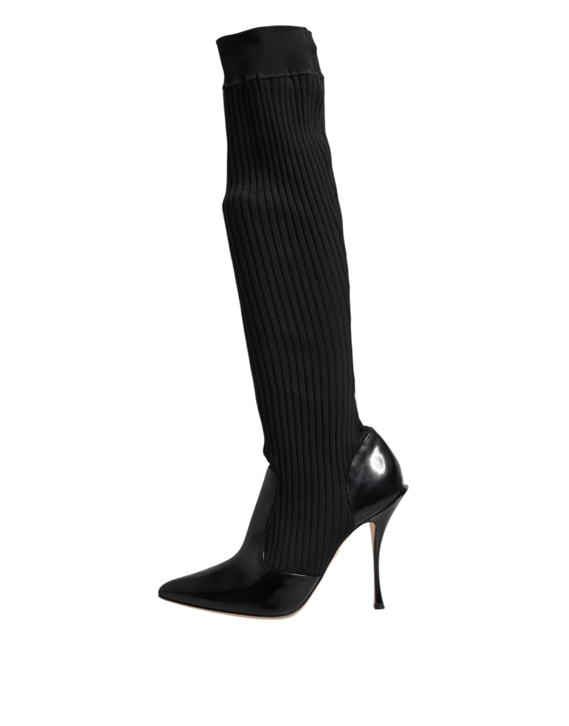 Dolce & Gabbana Black Leather Ribbed Knit Knee Boots Shoes - 5
