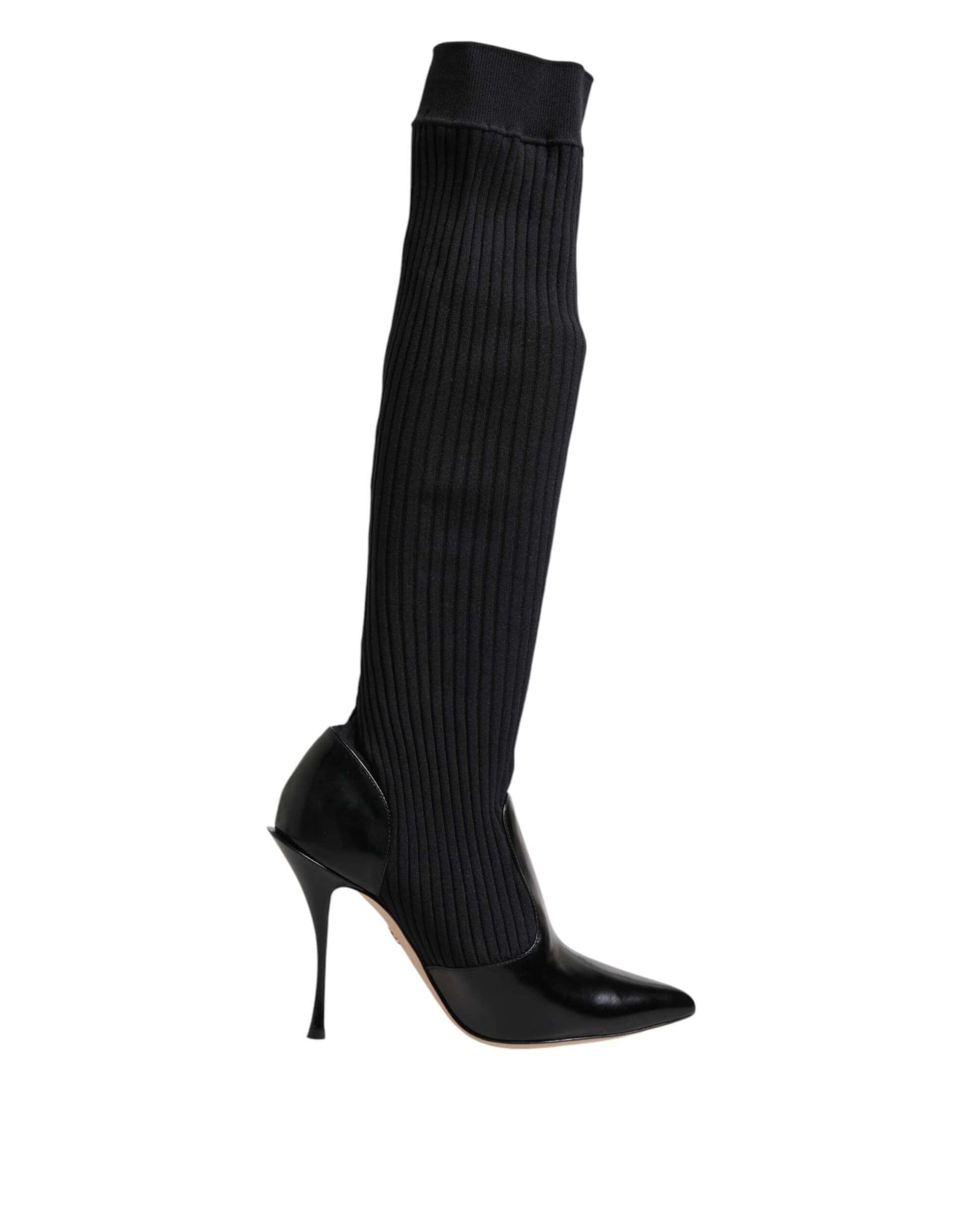 Dolce & Gabbana Black Leather Ribbed Knit Knee Boots Shoes - 7