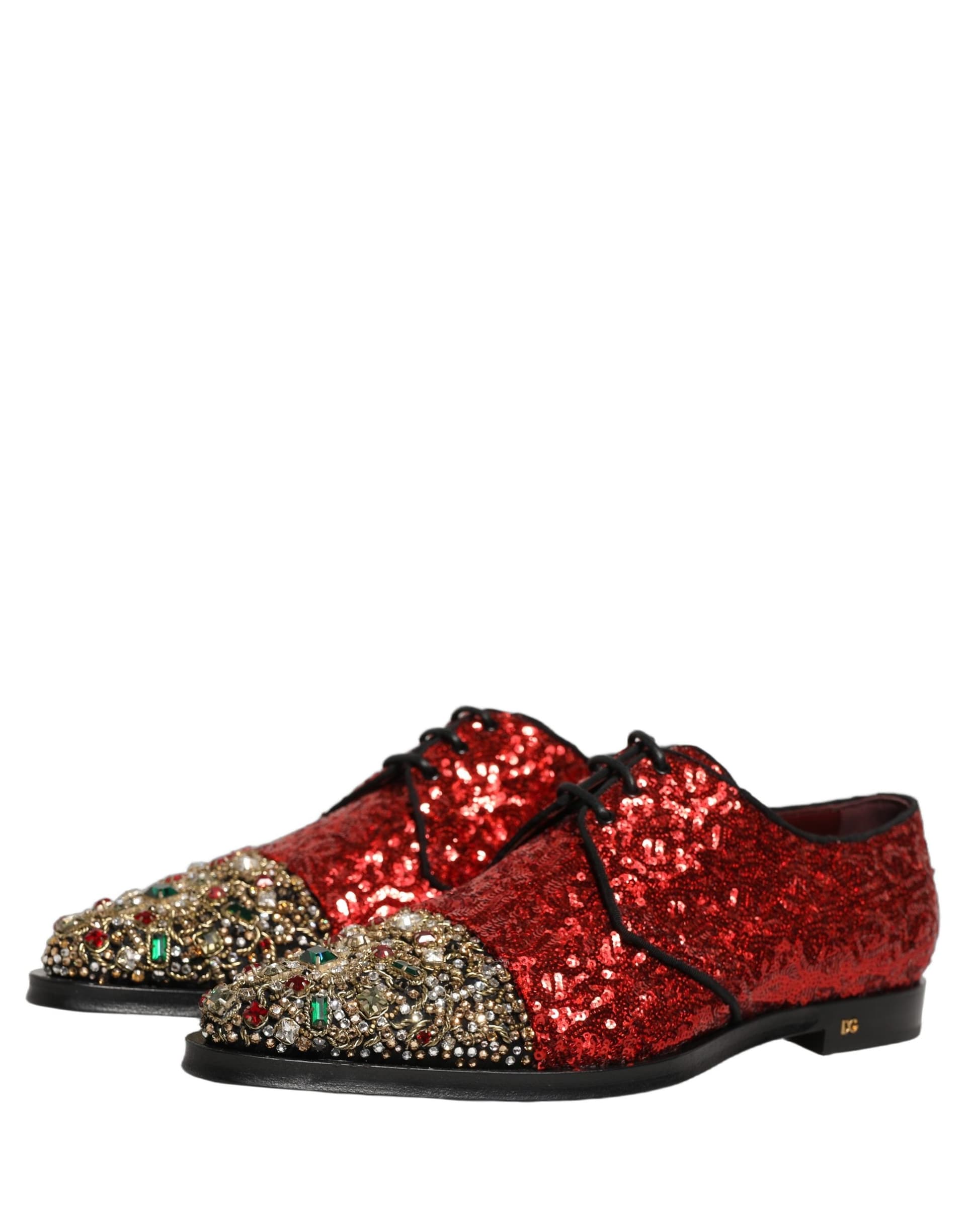 Dolce & Gabbana Red Sequin Embellished Men Derby Dress Shoes - 4
