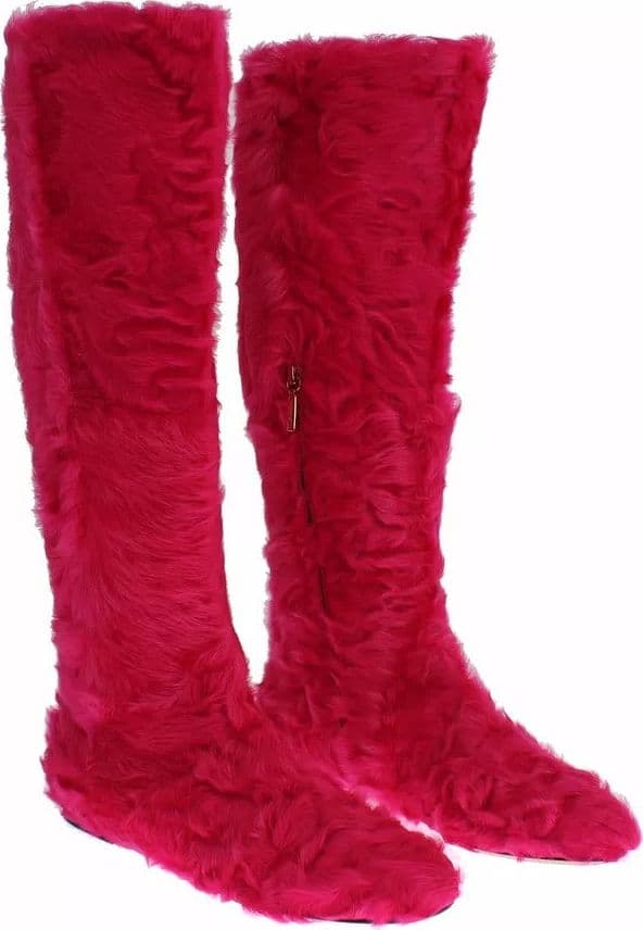 Dolce & Gabbana Pink Lamb Fur Leather Flat Boots Shoes - 2