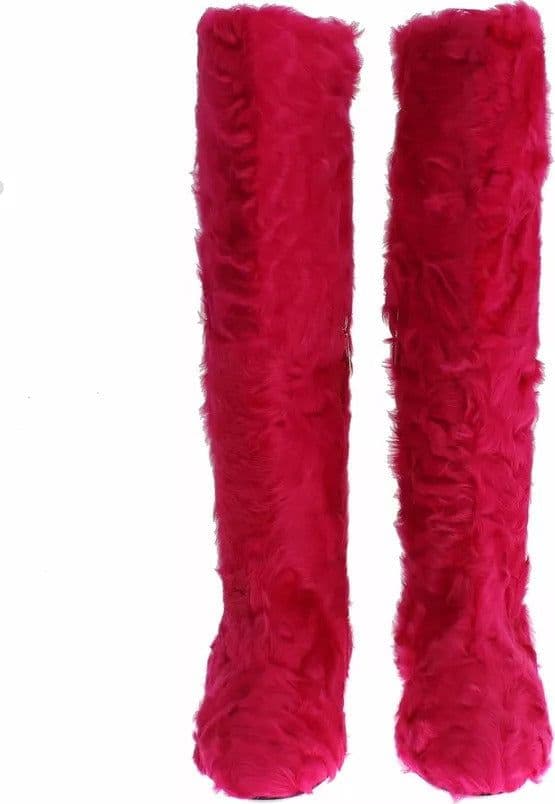 Dolce & Gabbana Pink Lamb Fur Leather Flat Boots Shoes - 4