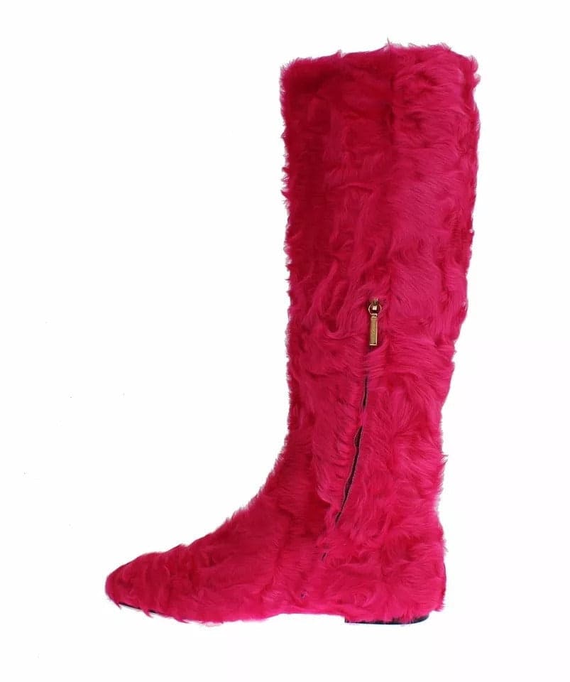 Dolce & Gabbana Pink Lamb Fur Leather Flat Boots Shoes - 8