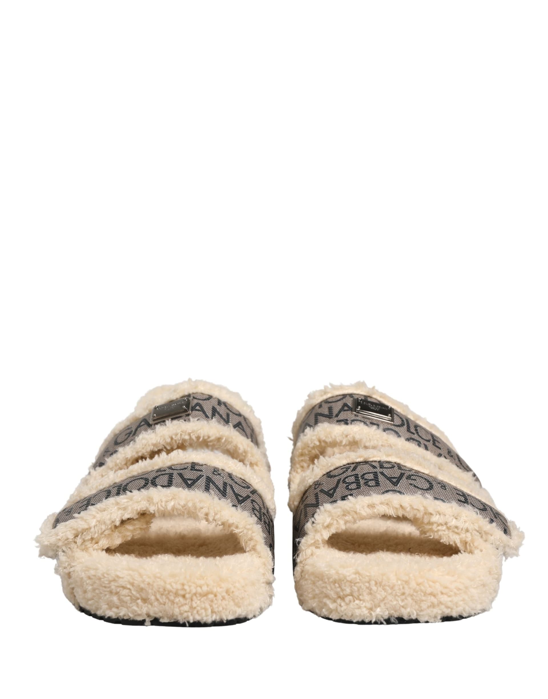 Dolce & Gabbana Beige Faux Fur Logo Print Flats Sandals Shoes - 2