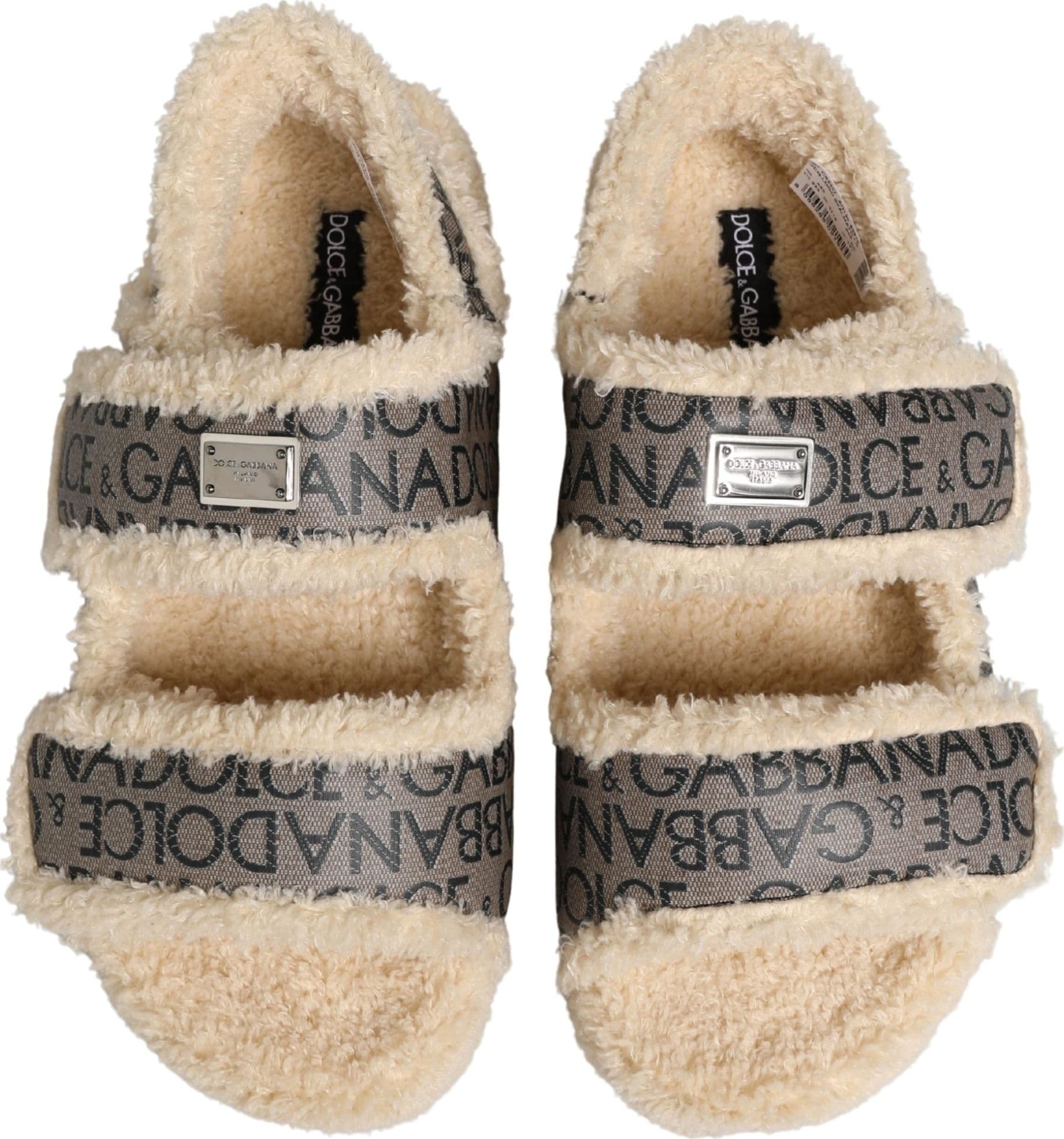 Dolce & Gabbana Beige Faux Fur Logo Print Flats Sandals Shoes - 3