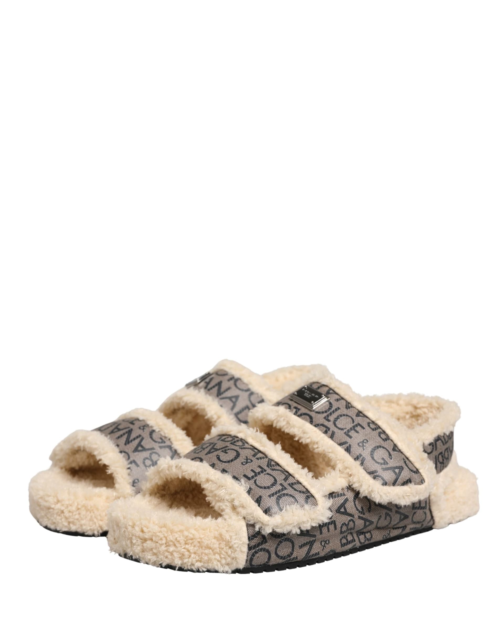 Dolce & Gabbana Beige Faux Fur Logo Print Flats Sandals Shoes - 4