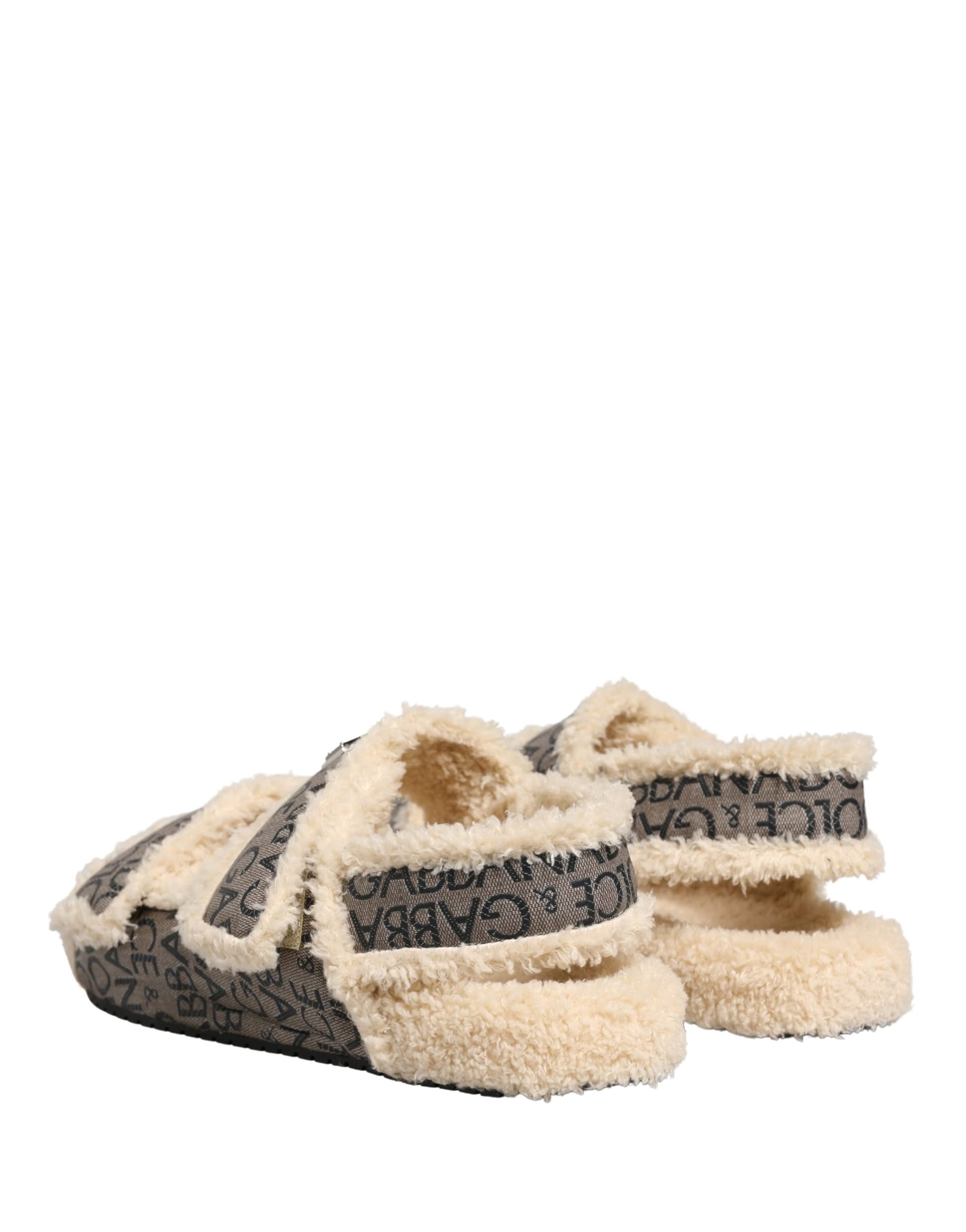 Dolce & Gabbana Beige Faux Fur Logo Print Flats Sandals Shoes - 5