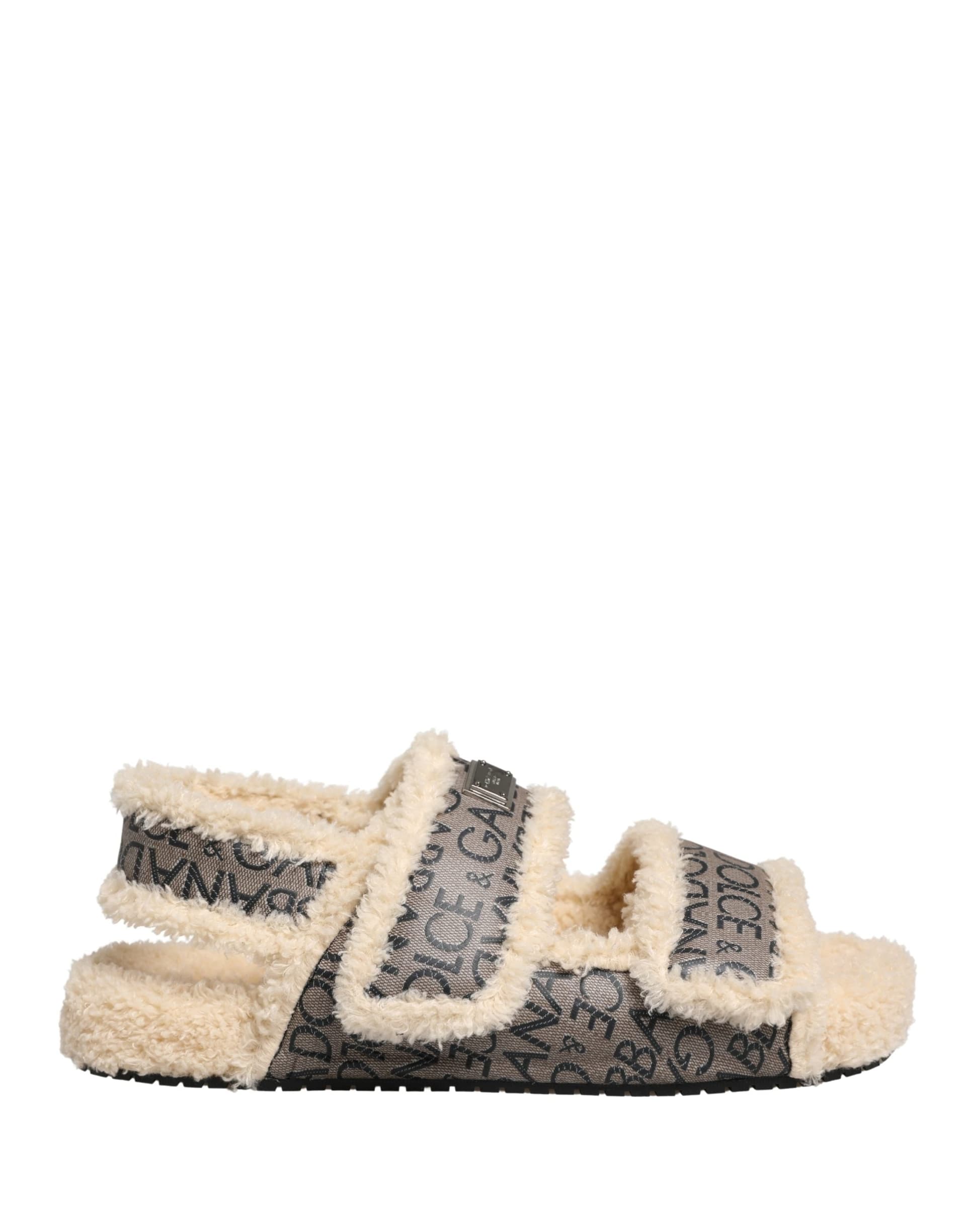 Dolce & Gabbana Beige Faux Fur Logo Print Flats Sandals Shoes - 7