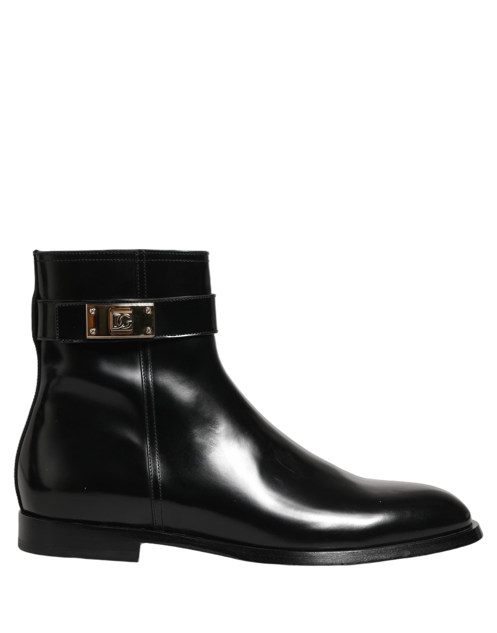 Dolce & Gabbana Black Leather Logo Buckle Mid Calf Boots Shoes - 2