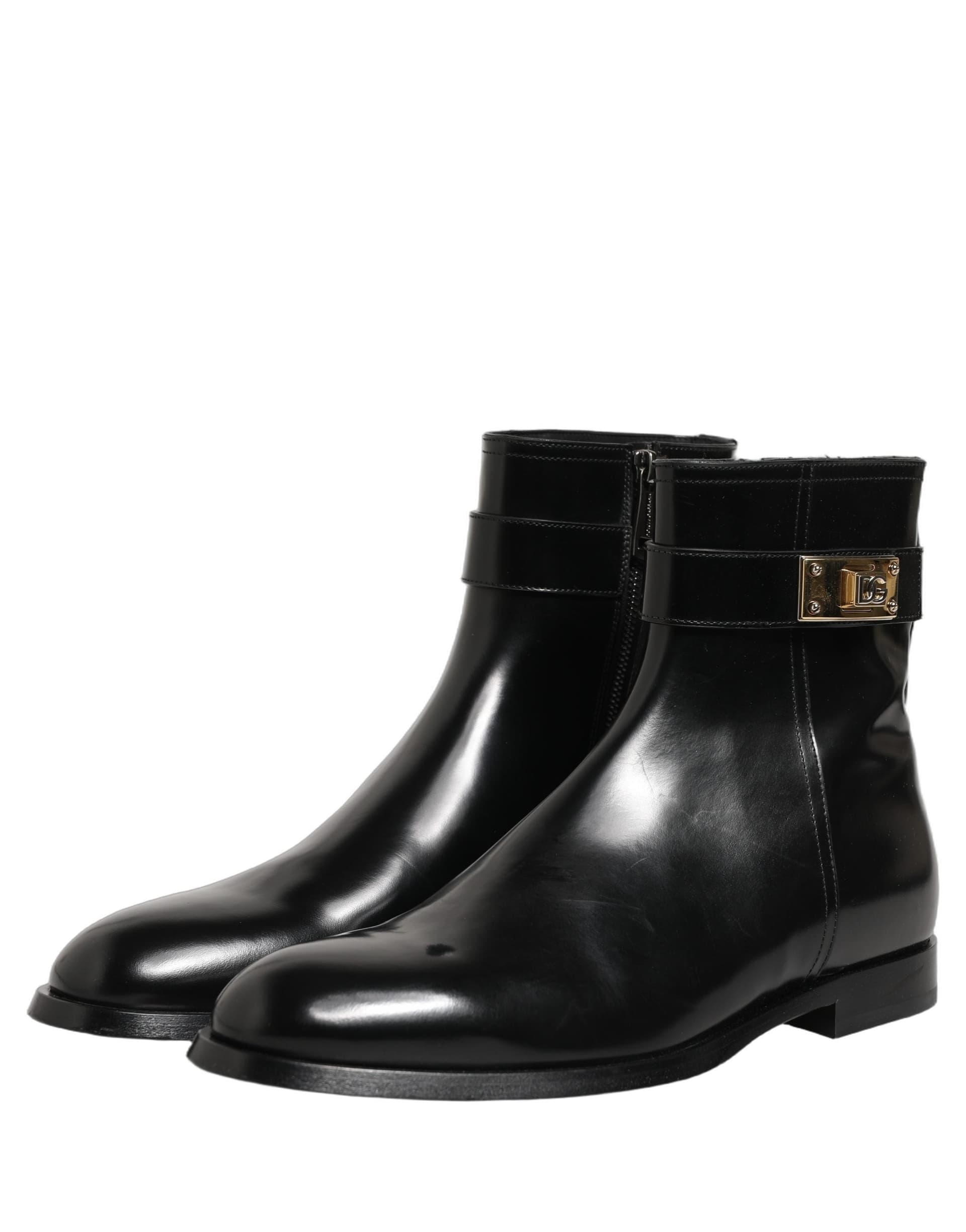 Dolce & Gabbana Black Leather Logo Buckle Mid Calf Boots Shoes - 6