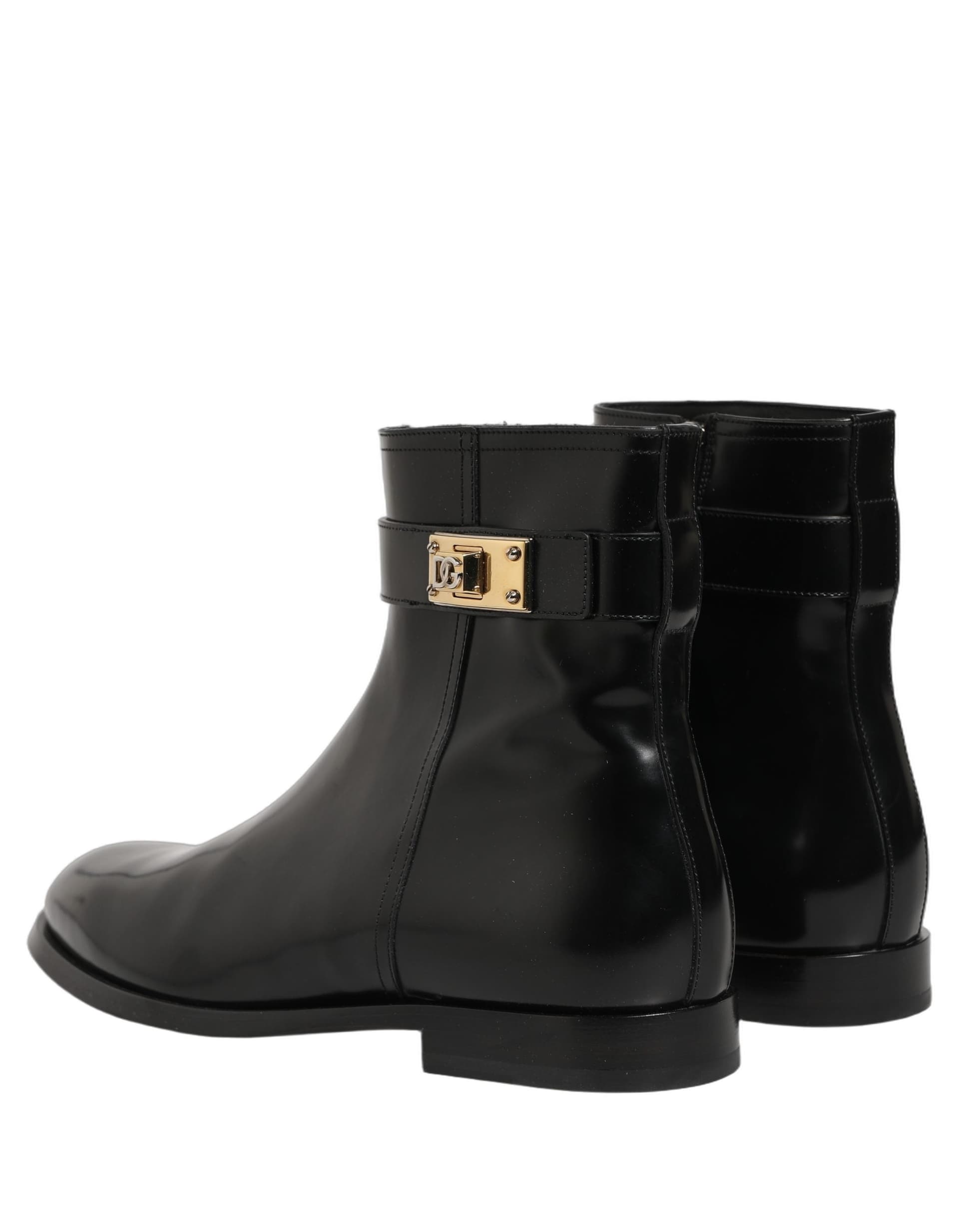 Dolce & Gabbana Black Leather Logo Buckle Mid Calf Boots Shoes - 7