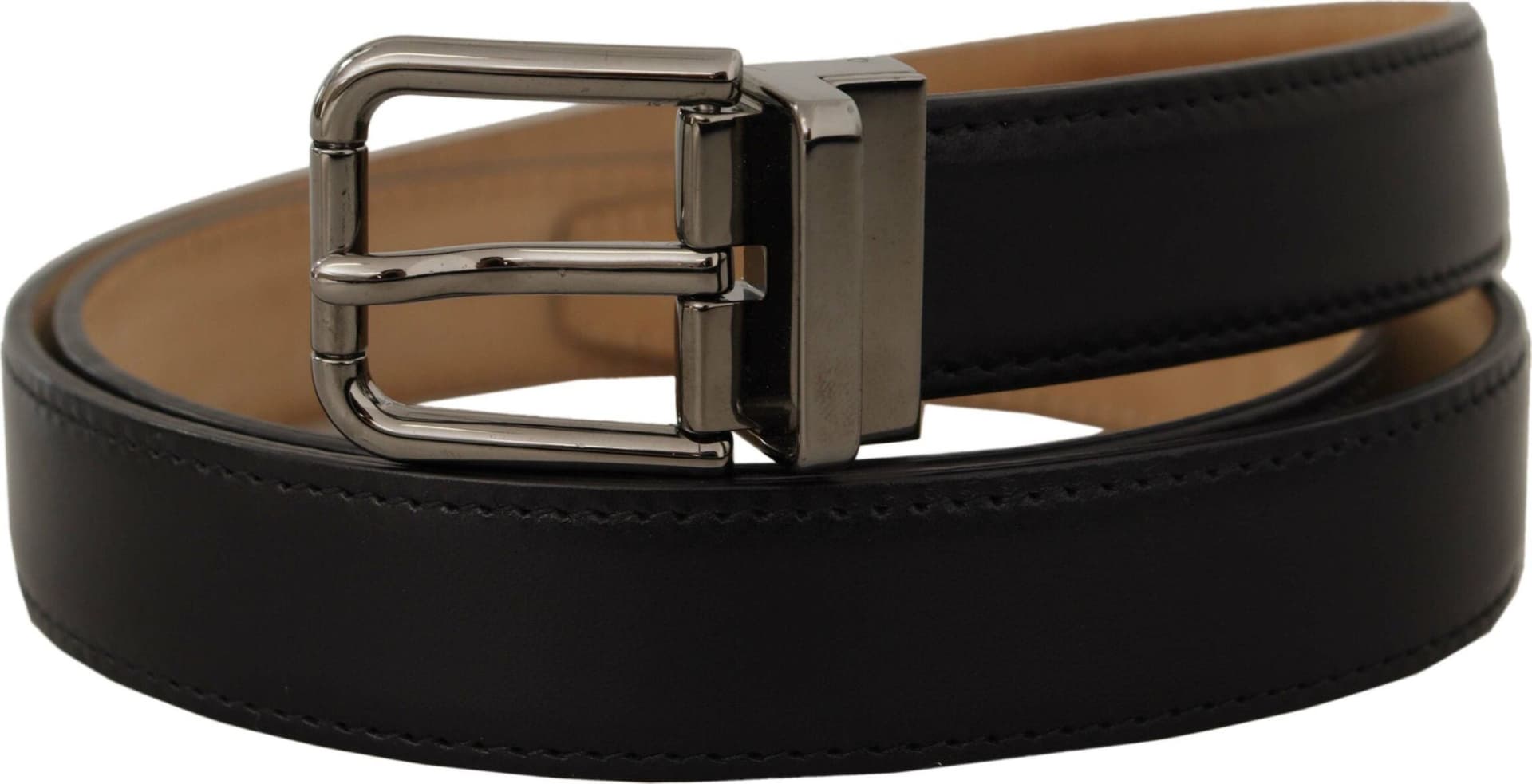 Dolce & Gabbana Black Calf Leather Logo Engraved Metal Buckle Belt - 2