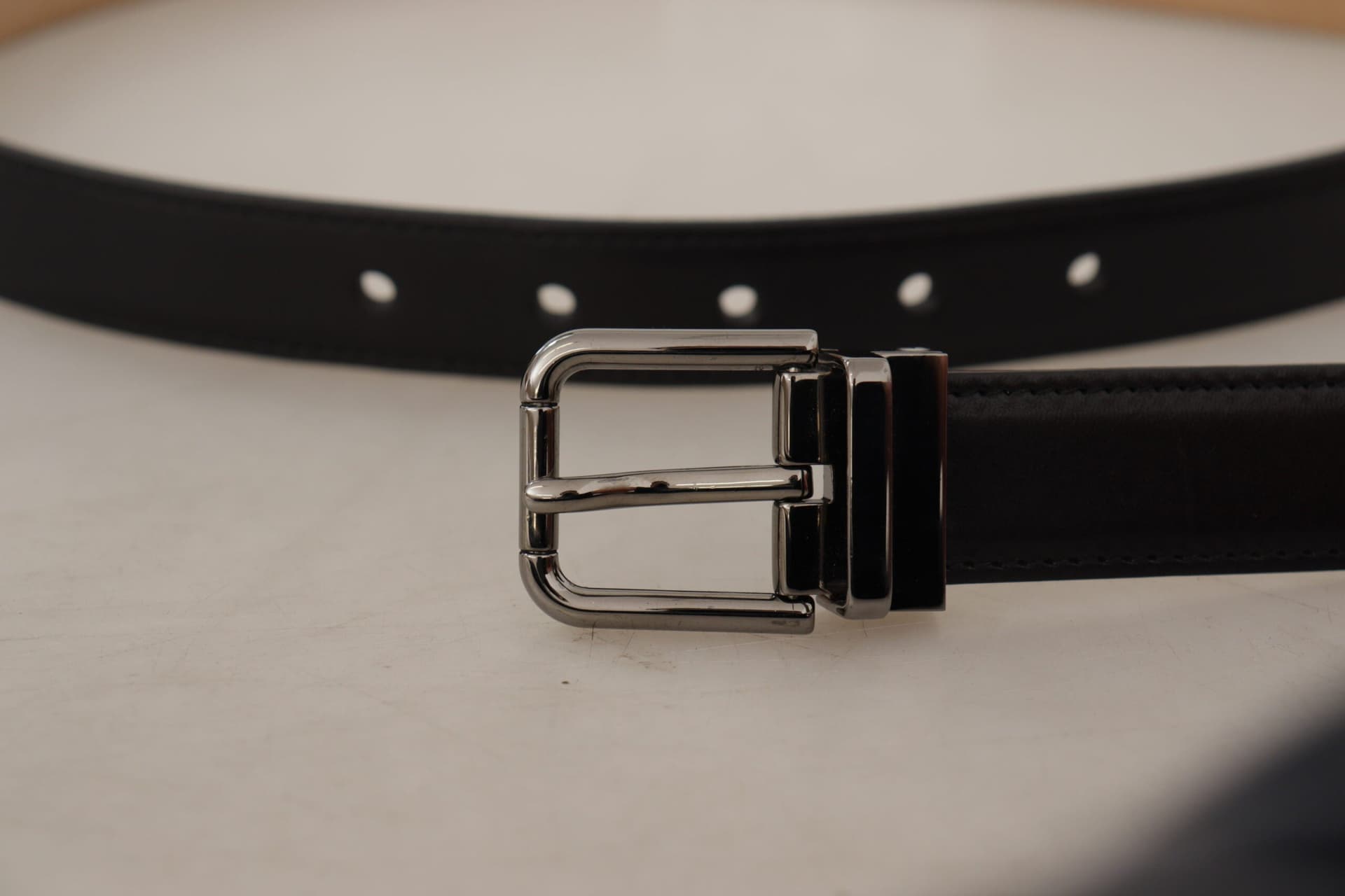 Dolce & Gabbana Black Calf Leather Logo Engraved Metal Buckle Belt - 4
