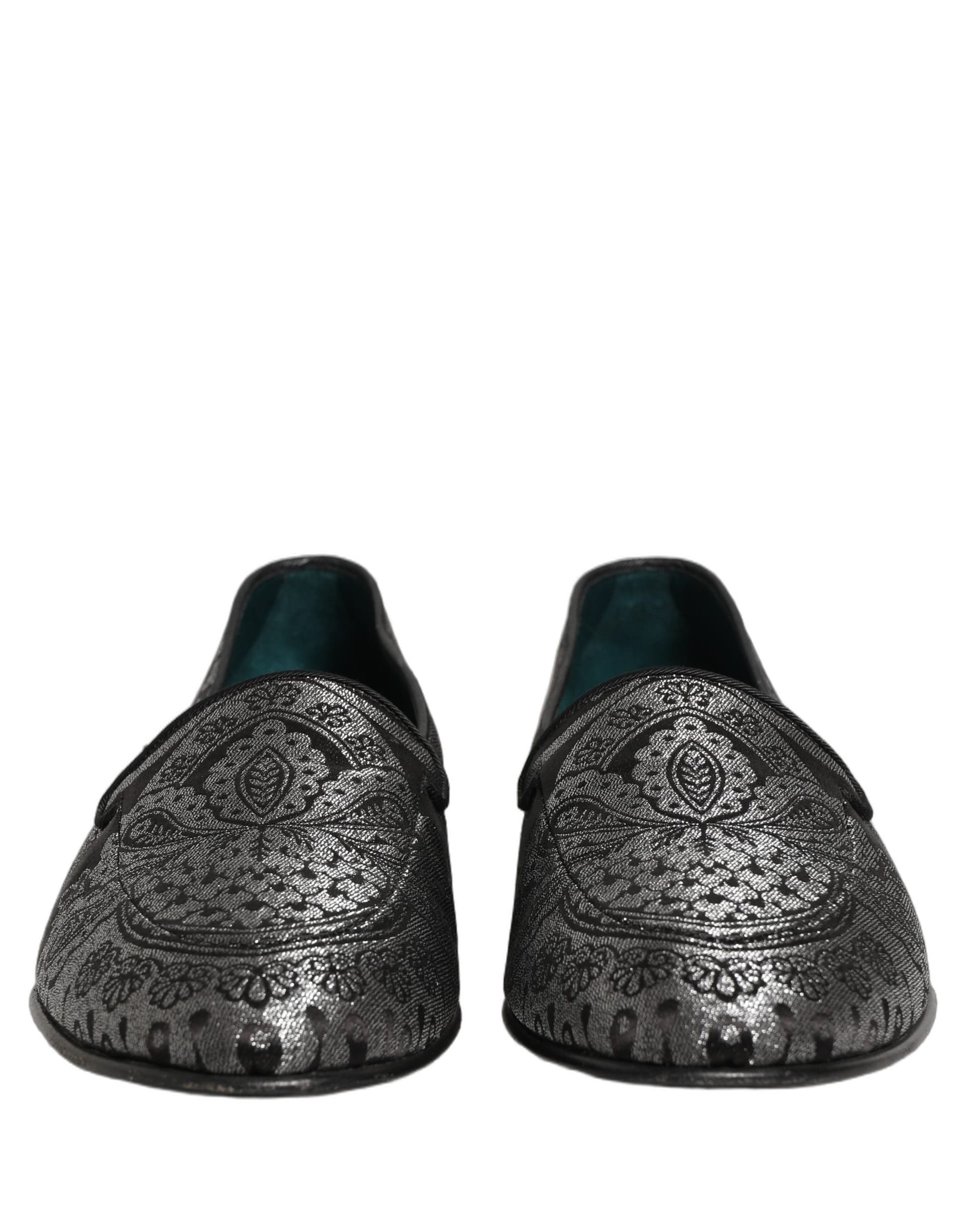 Dolce & Gabbana Silver Jacquard Leather Slip On Loafers Shoes - 3