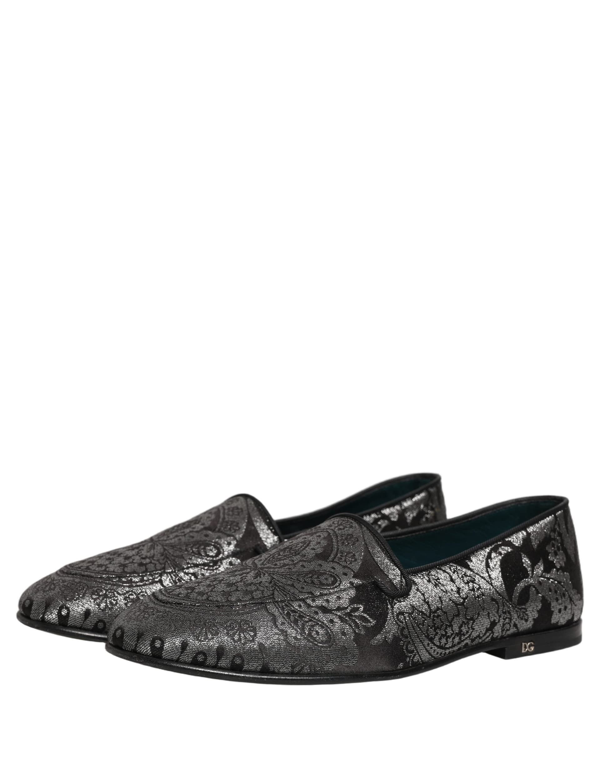 Dolce & Gabbana Silver Jacquard Leather Slip On Loafers Shoes - 5