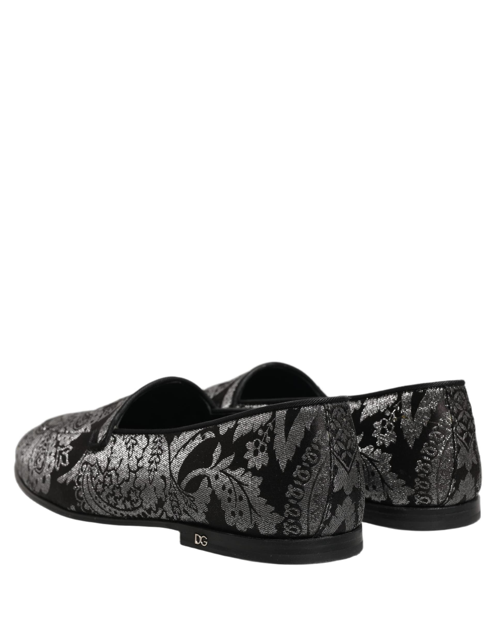 Dolce & Gabbana Silver Jacquard Leather Slip On Loafers Shoes - 6