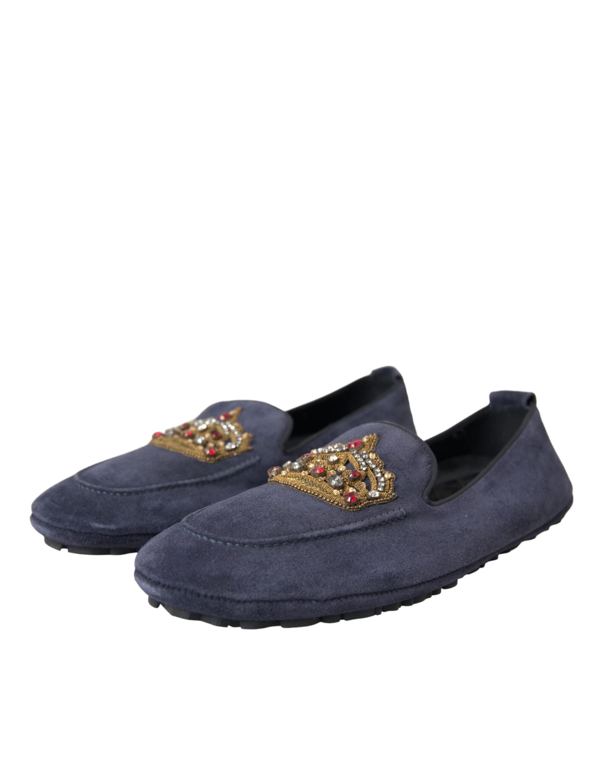 Dolce & Gabbana Blue Leather Suede Crystal Crown Loafers Shoes - 2