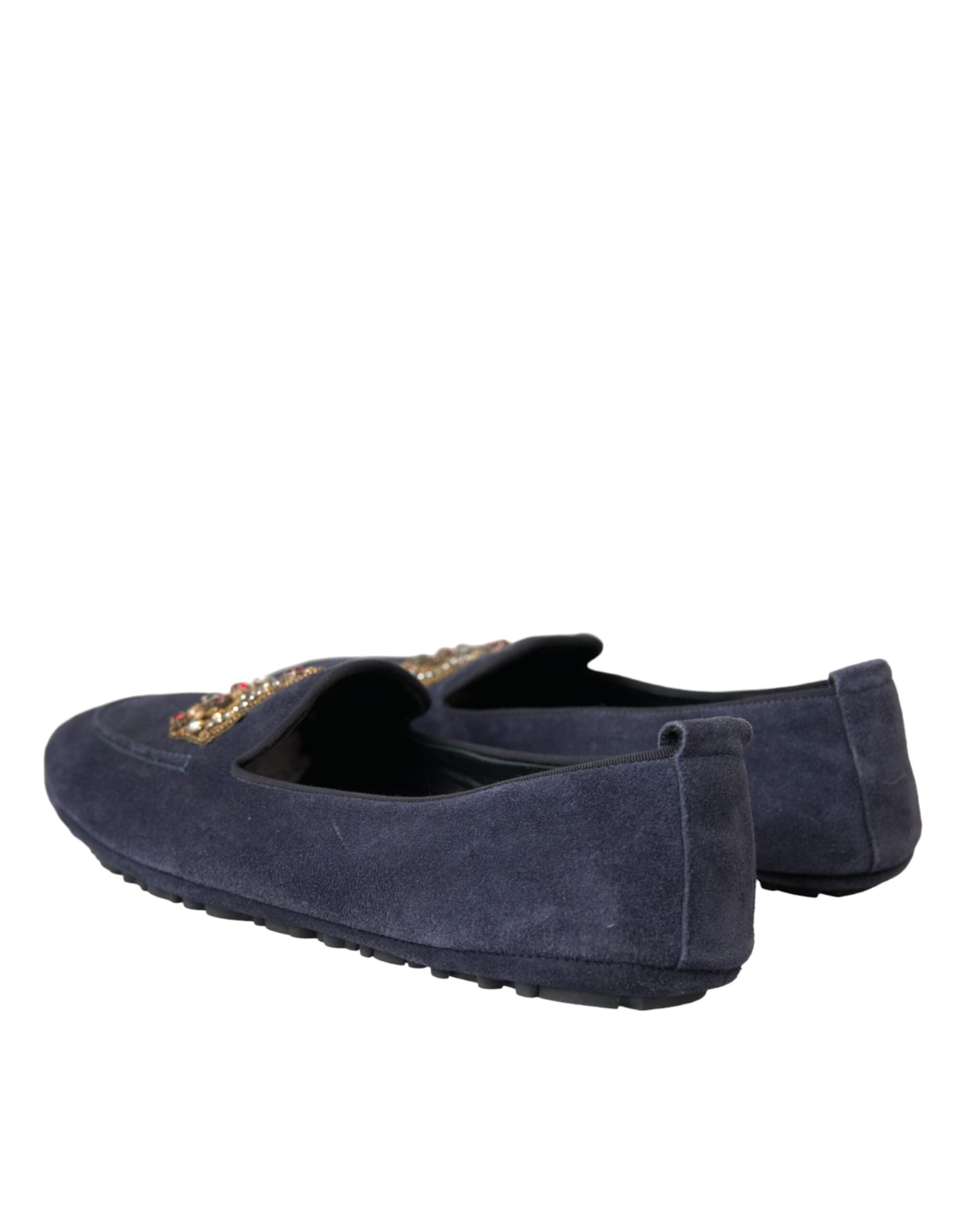 Dolce & Gabbana Blue Leather Suede Crystal Crown Loafers Shoes - 3