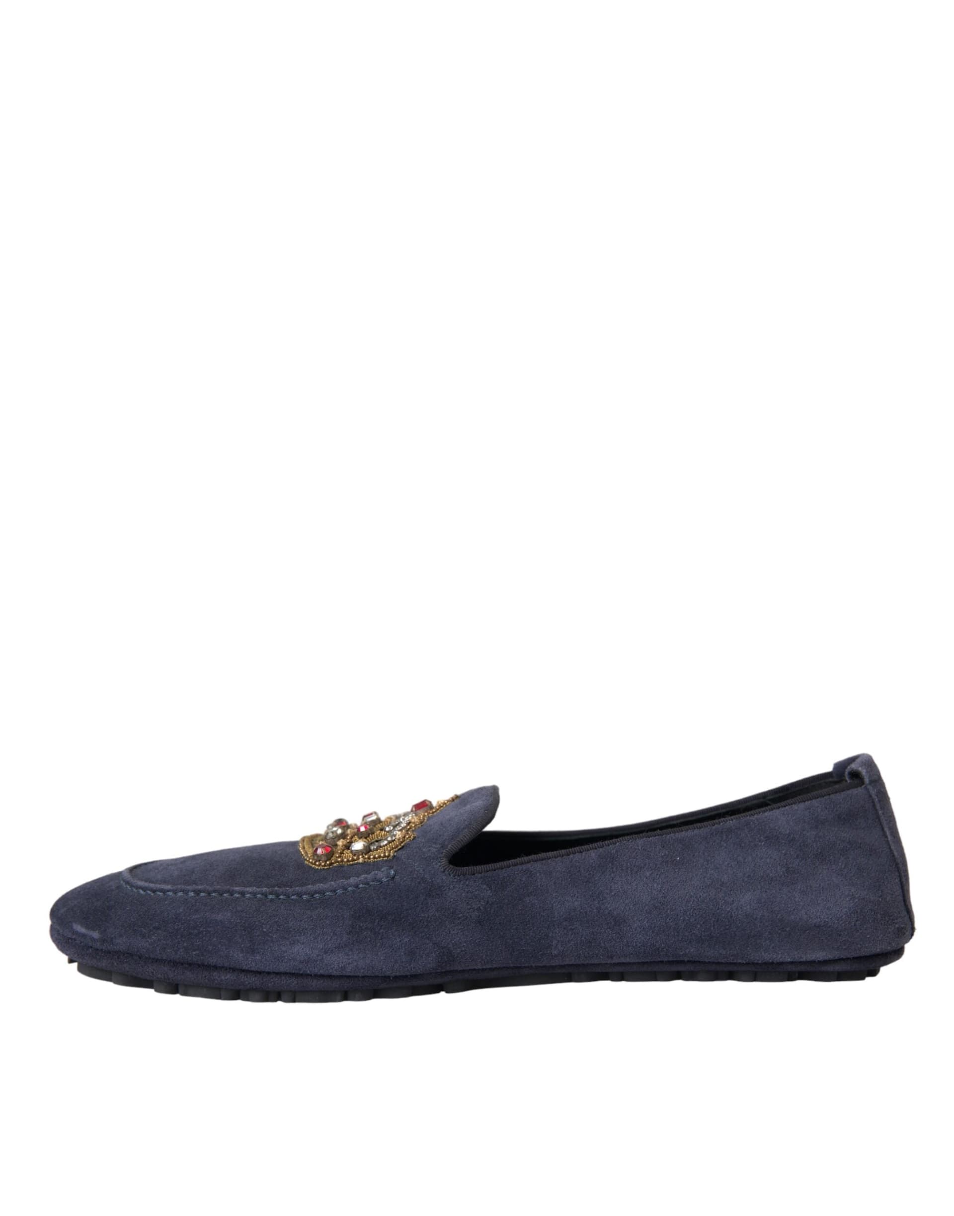 Dolce & Gabbana Blue Leather Suede Crystal Crown Loafers Shoes - 4