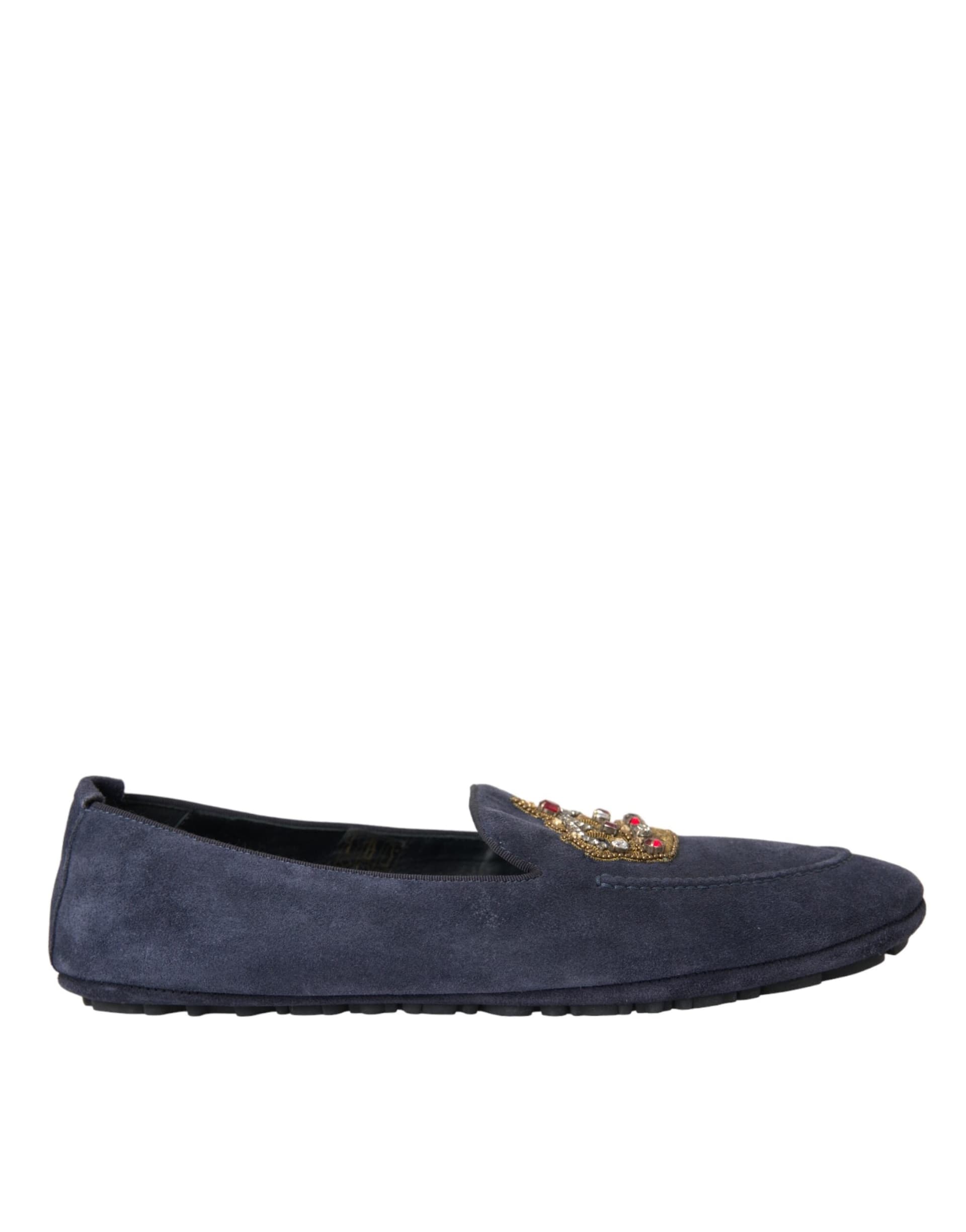 Dolce & Gabbana Blue Leather Suede Crystal Crown Loafers Shoes - 5