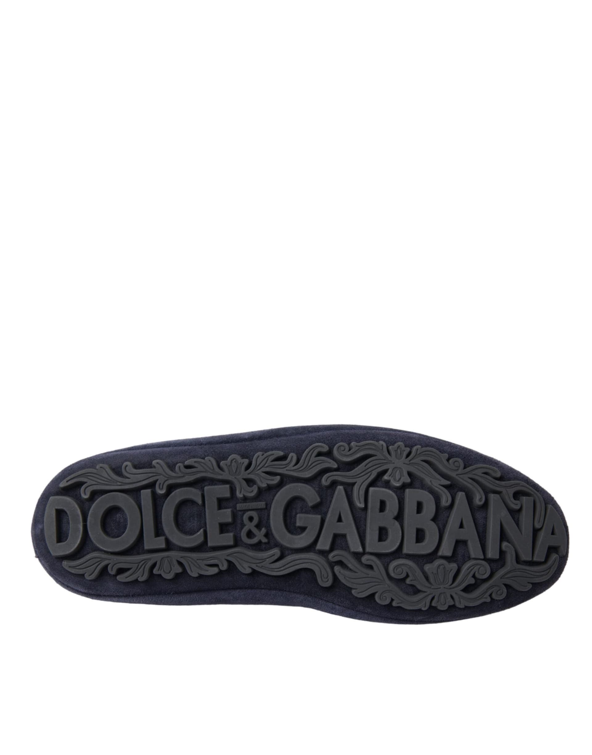 Dolce & Gabbana Blue Leather Suede Crystal Crown Loafers Shoes - 6