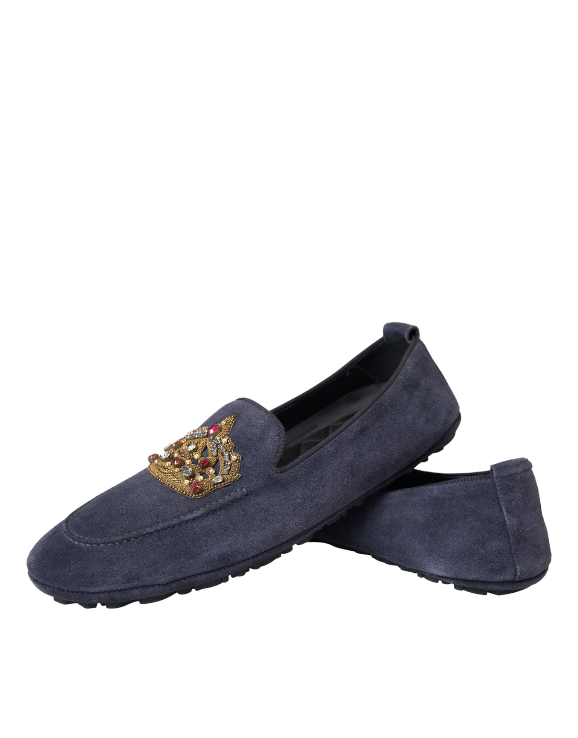 Dolce & Gabbana Blue Leather Suede Crystal Crown Loafers Shoes - 7