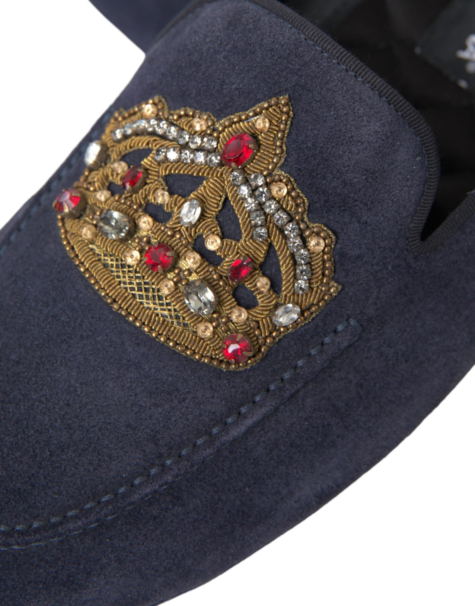 Dolce & Gabbana Blue Leather Suede Crystal Crown Loafers Shoes - 8