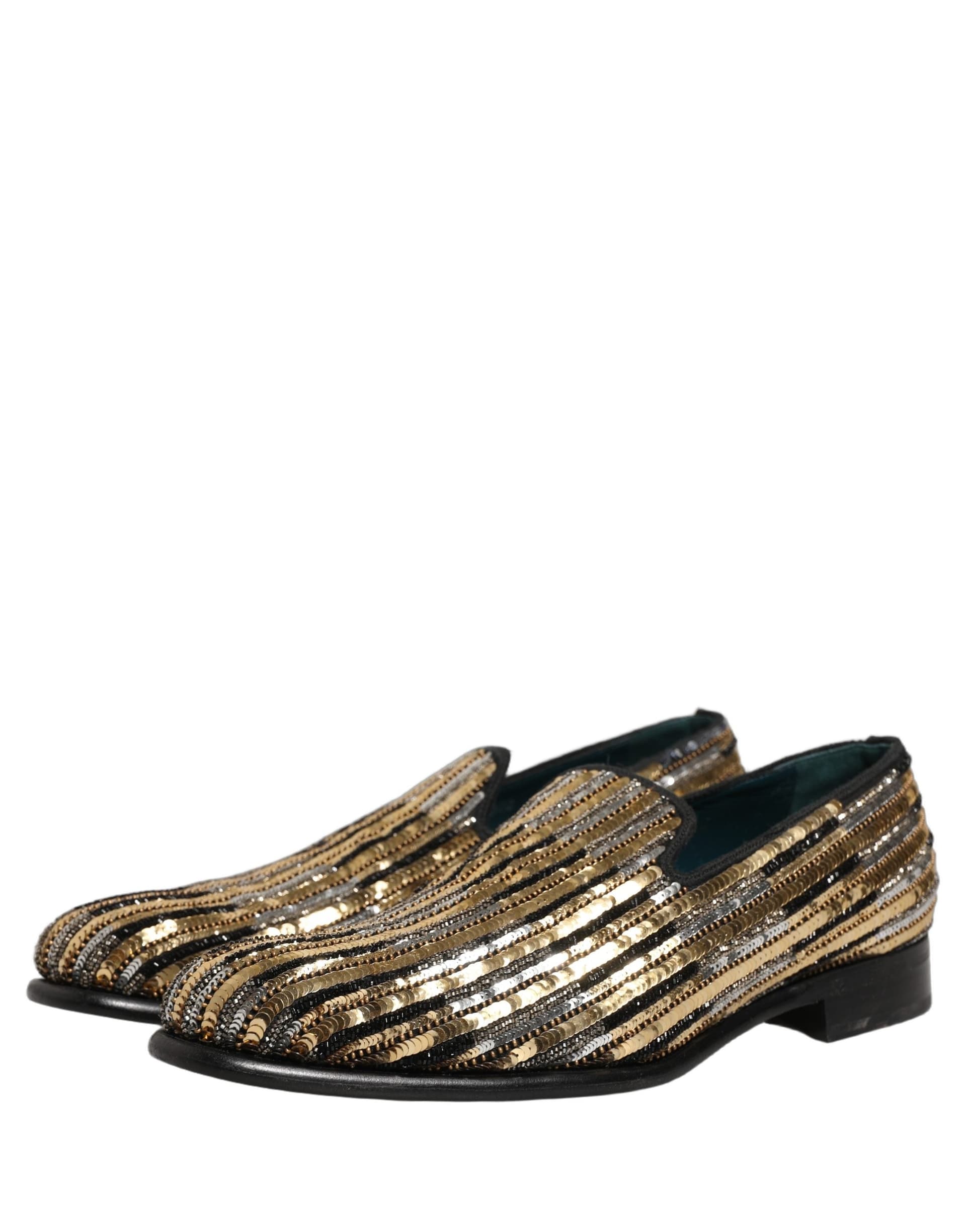 Dolce & Gabbana Gold Striped Sequin Embellished Loafer Shoes - 4