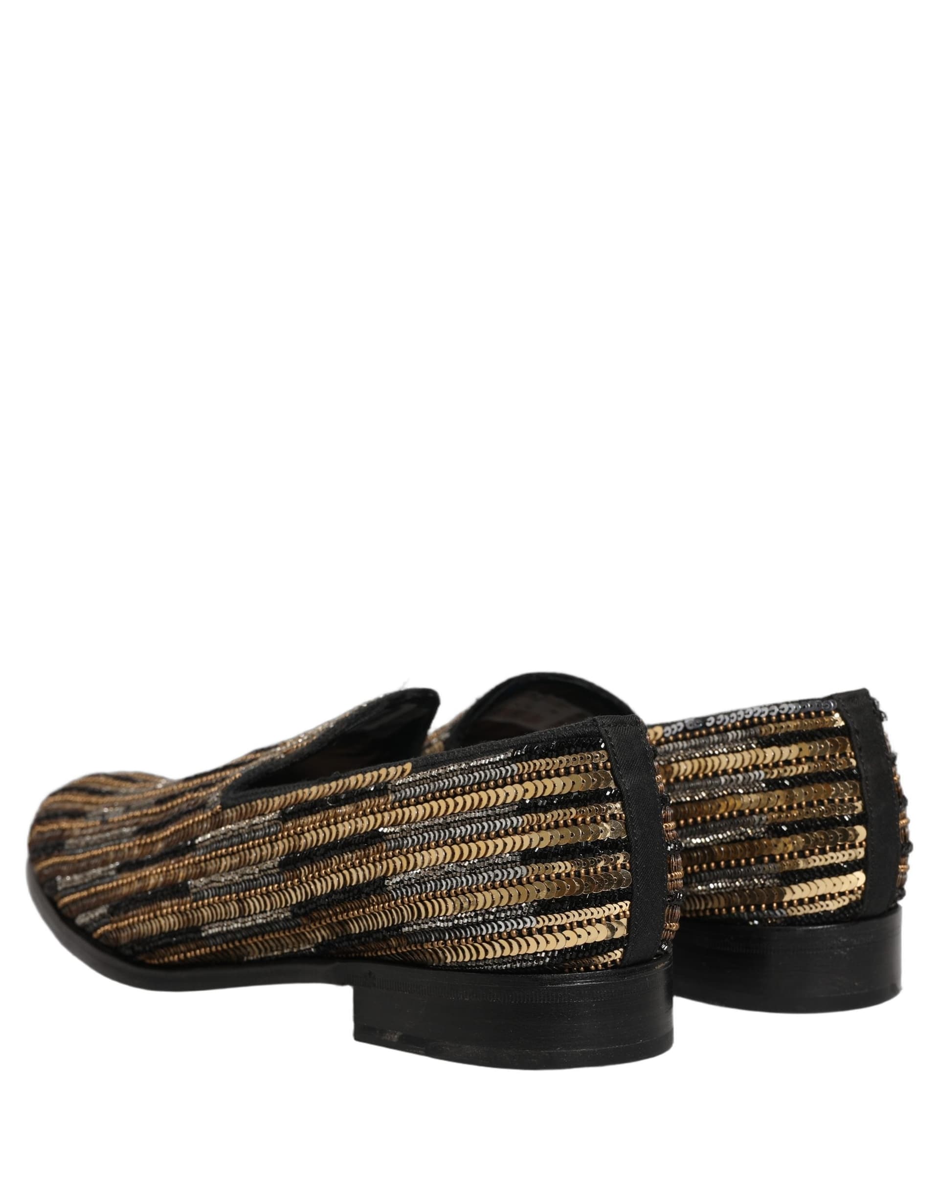 Dolce & Gabbana Gold Striped Sequin Embellished Loafer Shoes - 5