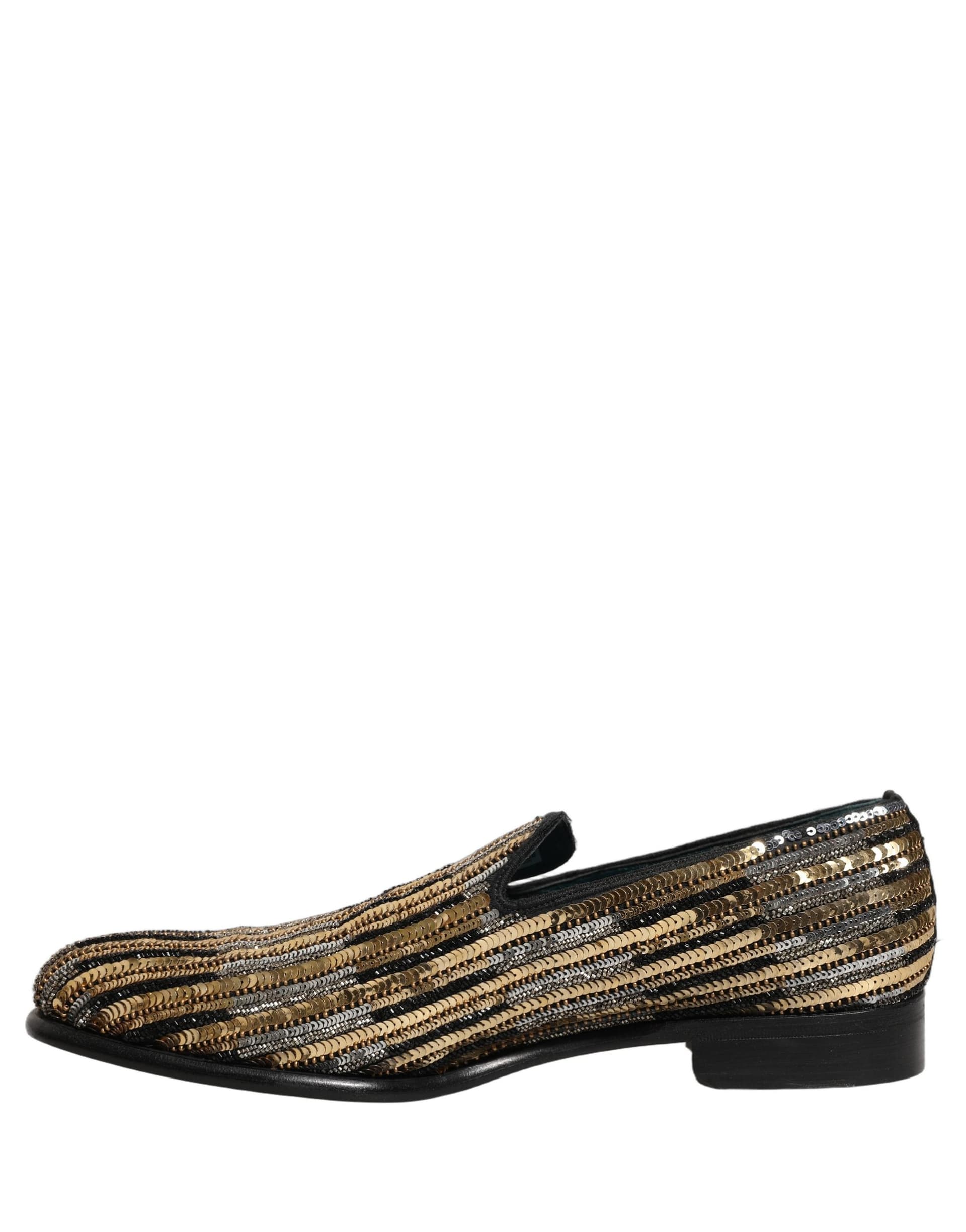 Dolce & Gabbana Gold Striped Sequin Embellished Loafer Shoes - 6
