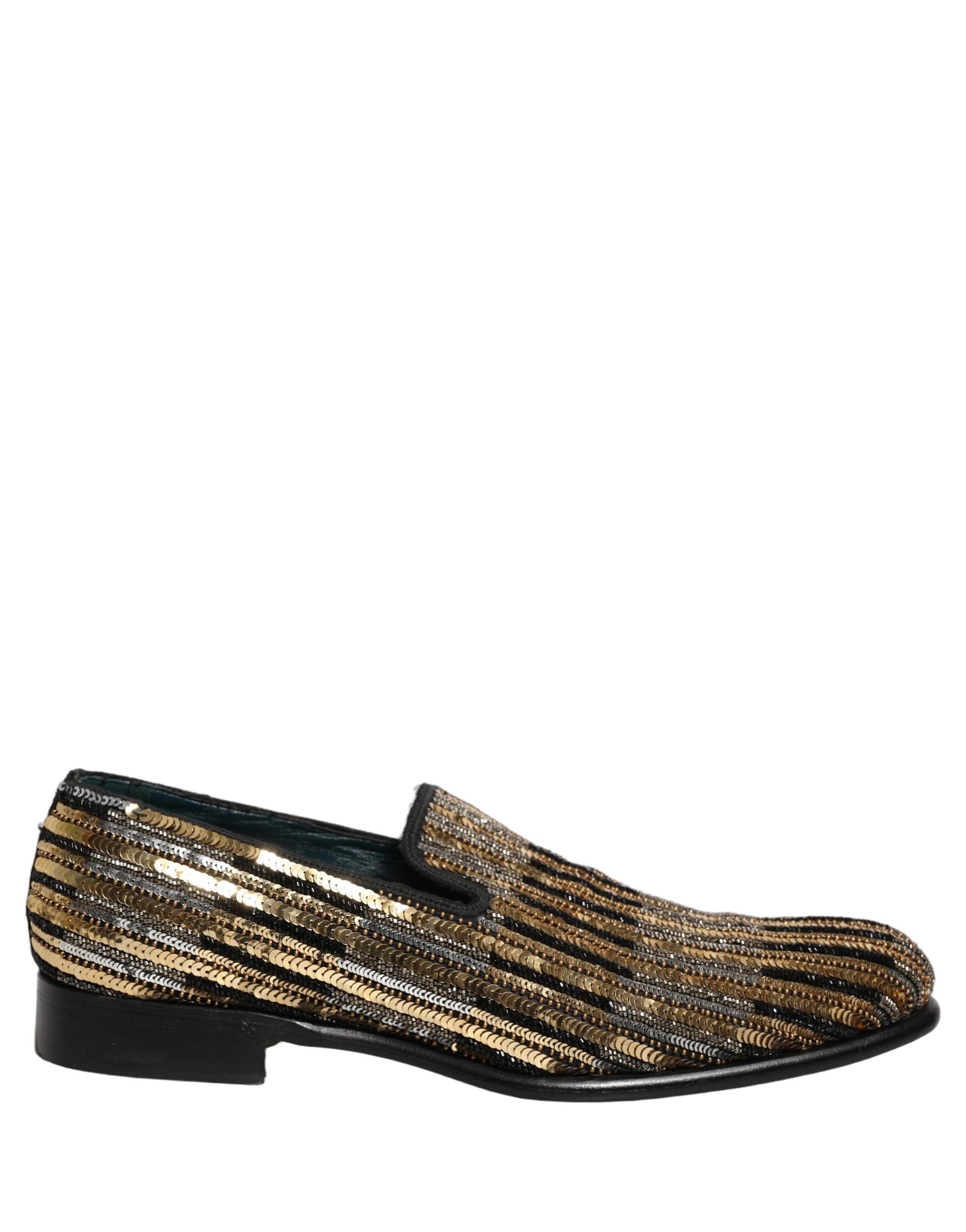 Dolce & Gabbana Gold Striped Sequin Embellished Loafer Shoes - 7