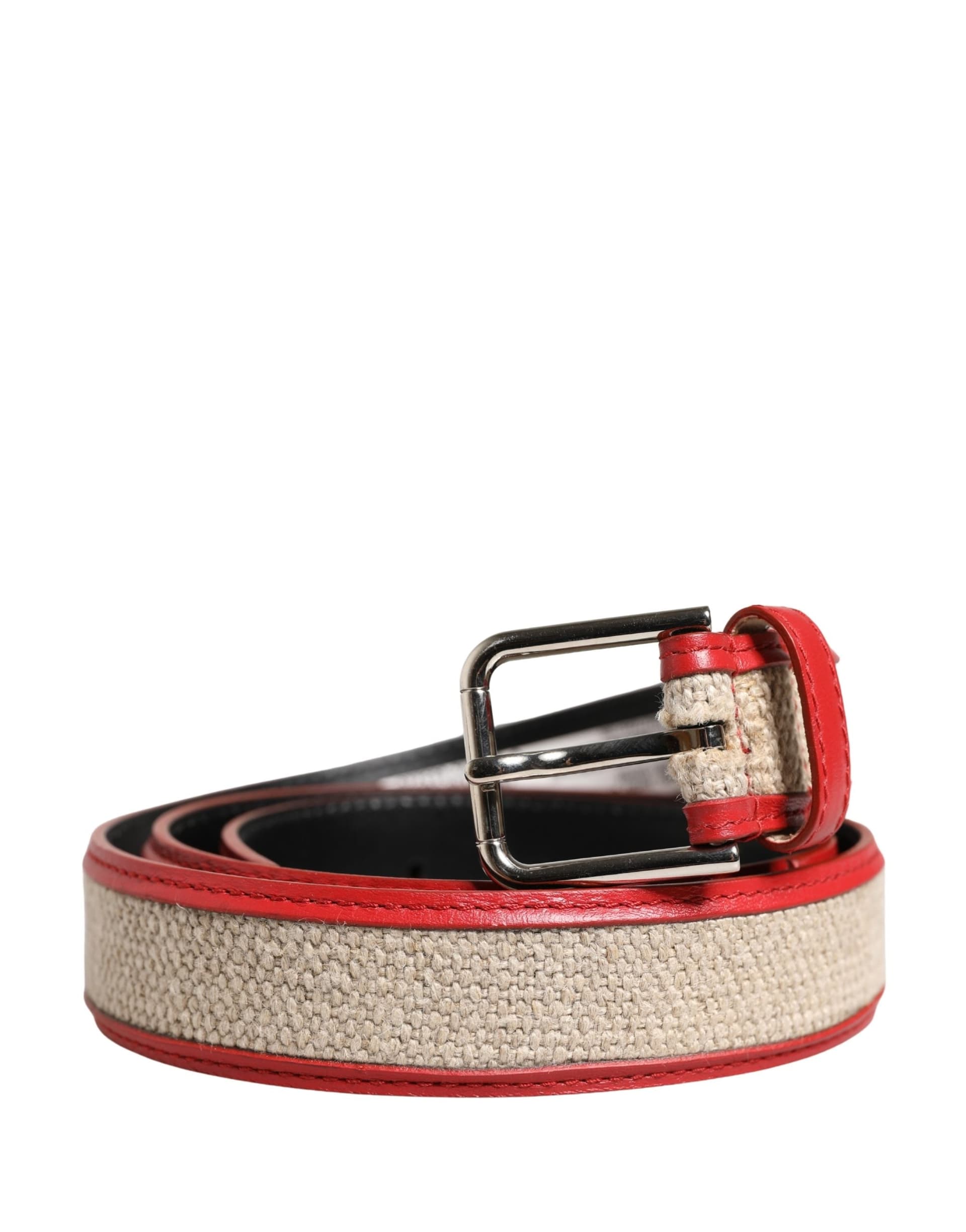 Dolce & Gabbana Men Beige Red Woven Leather Metal Buckle Belt - 2