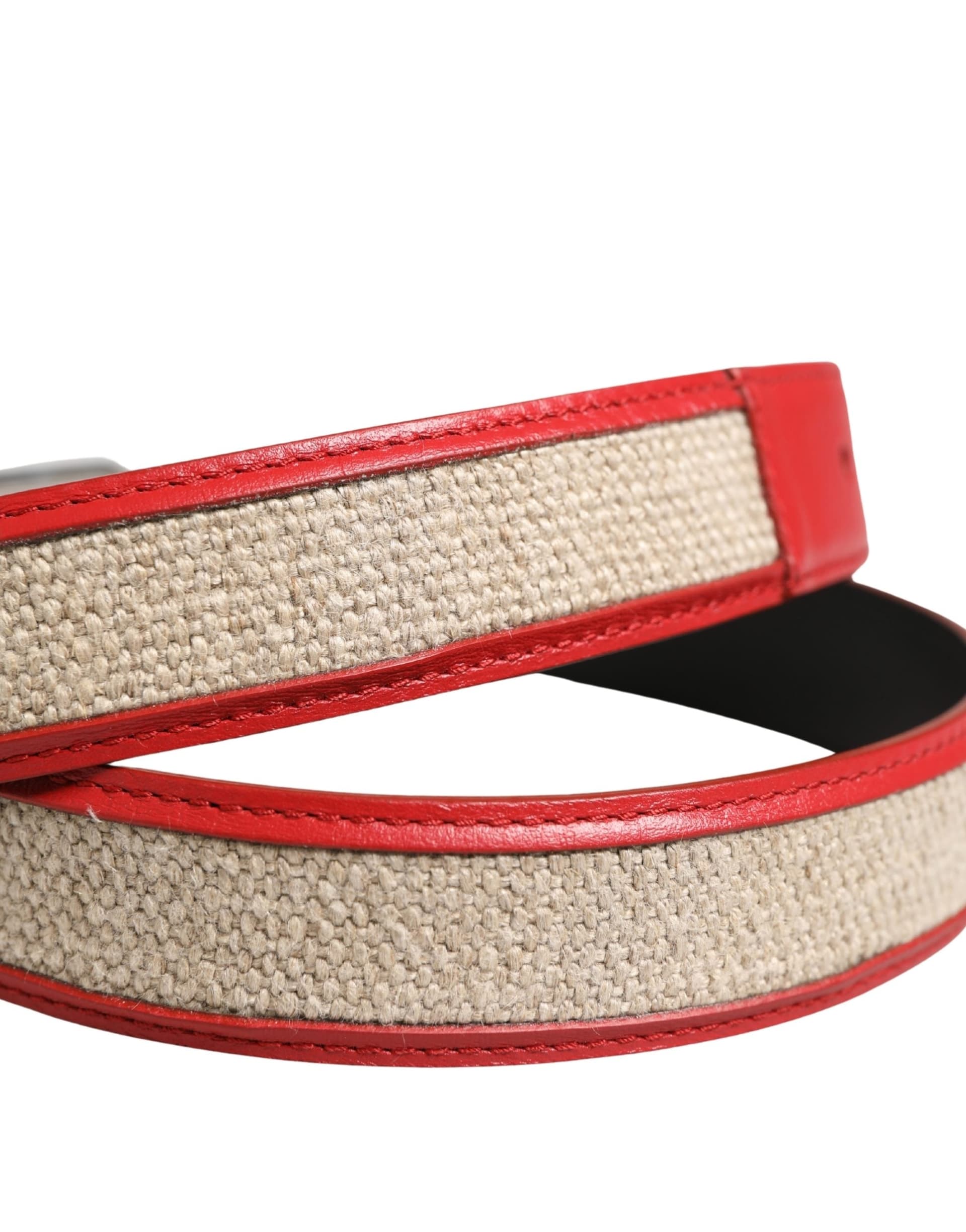 Dolce & Gabbana Men Beige Red Woven Leather Metal Buckle Belt - 5