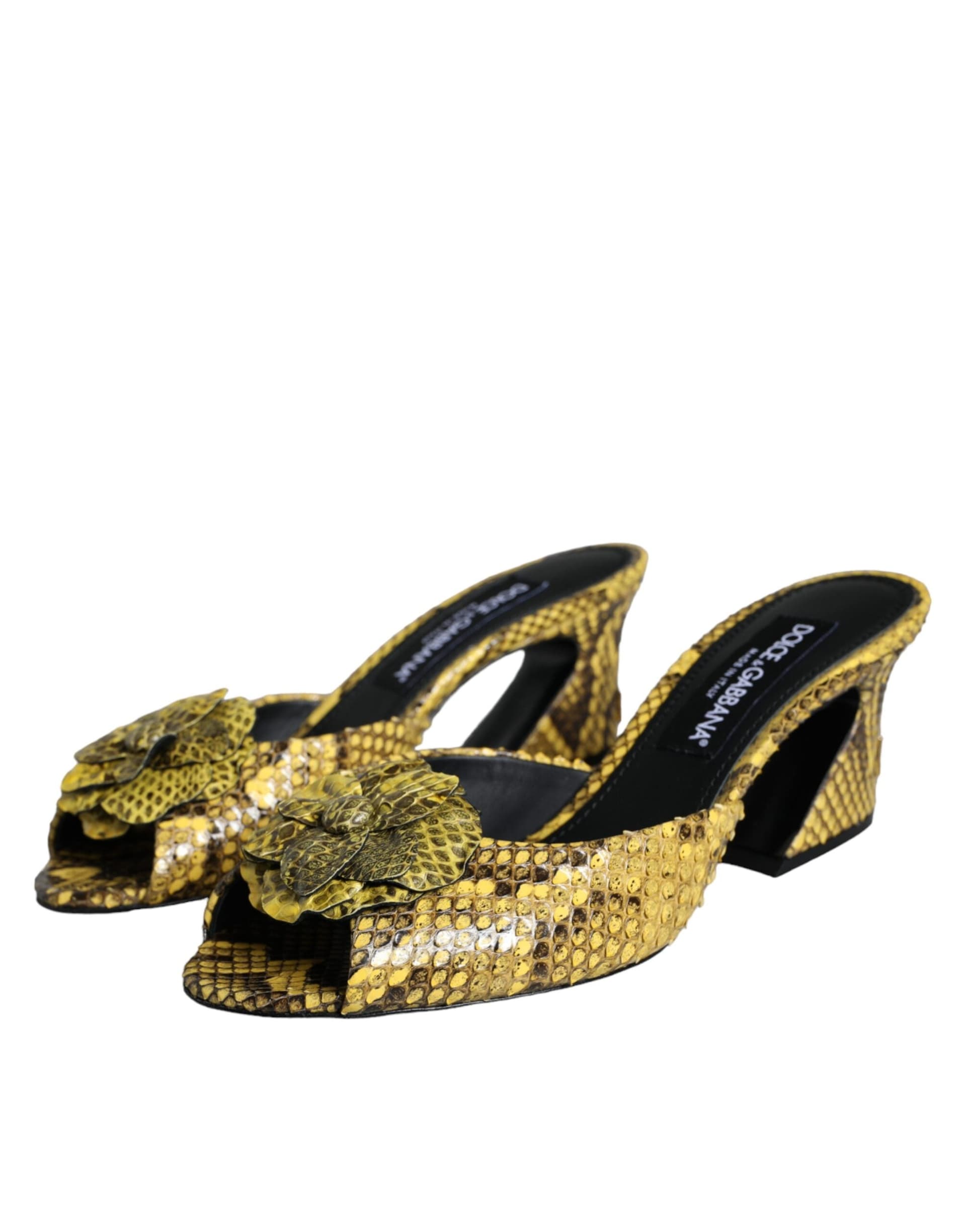 Dolce & Gabbana Yellow Leather Block Heels Slides Shoes - 2