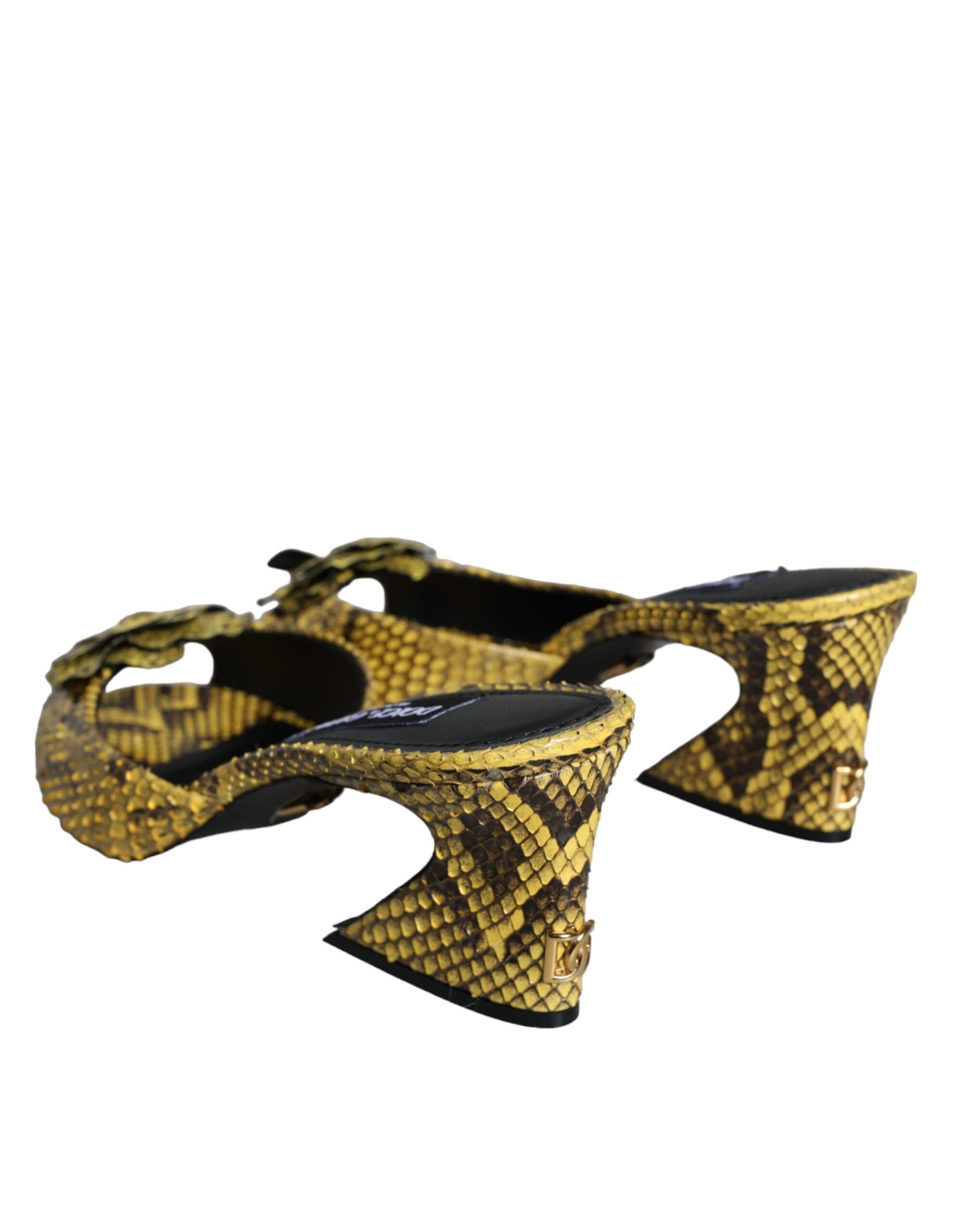 Dolce & Gabbana Yellow Leather Block Heels Slides Shoes - 3