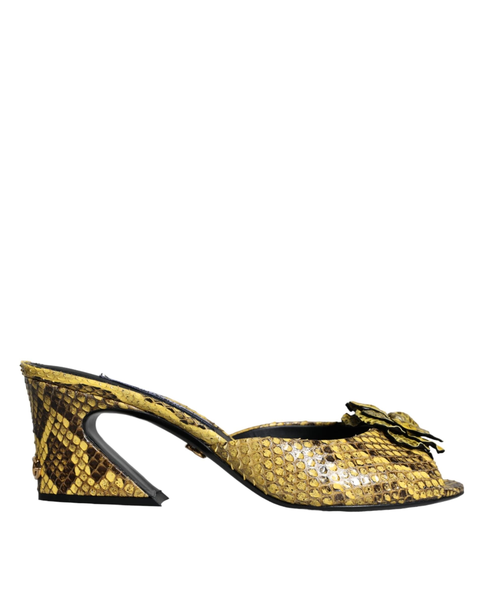 Dolce & Gabbana Yellow Leather Block Heels Slides Shoes - 4